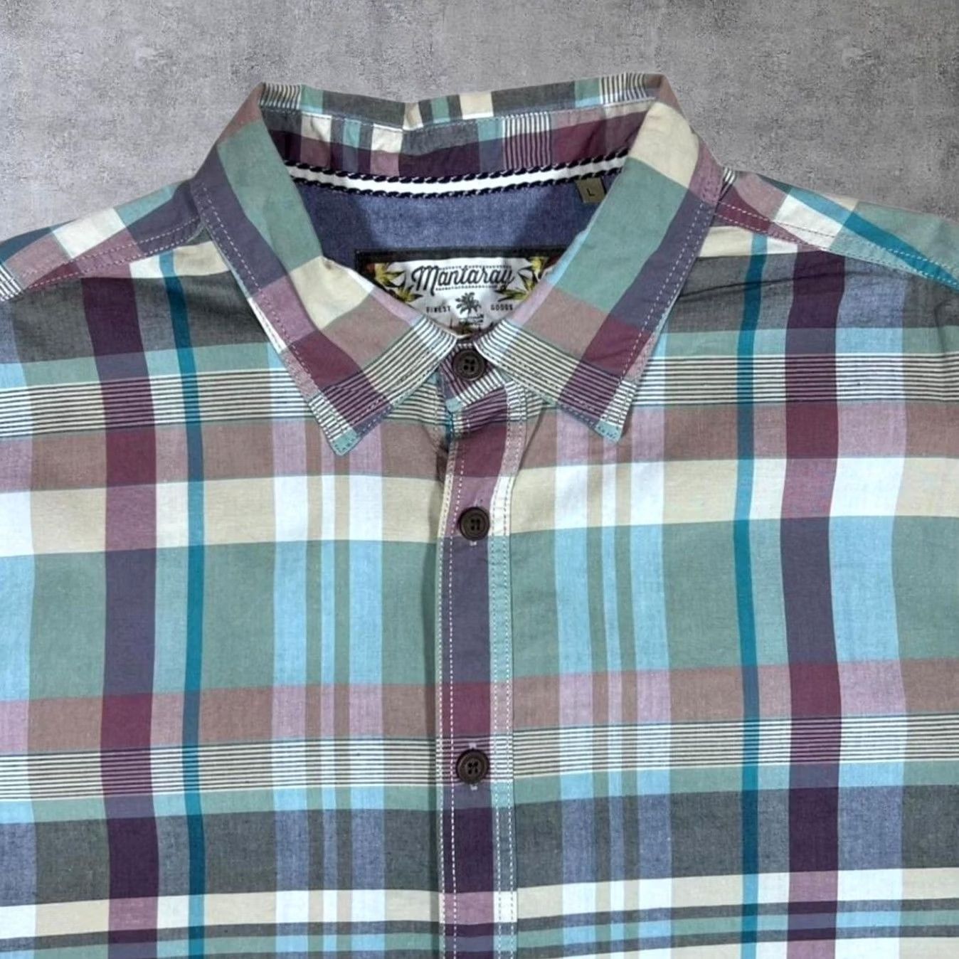 Vintage Mantaray Shirt Long Sleeve Cotton Plaid Check Blue Purple White Large Mens Button-Up Shirt Size US L / EU 52-54 / 3 - 4 Thumbnail