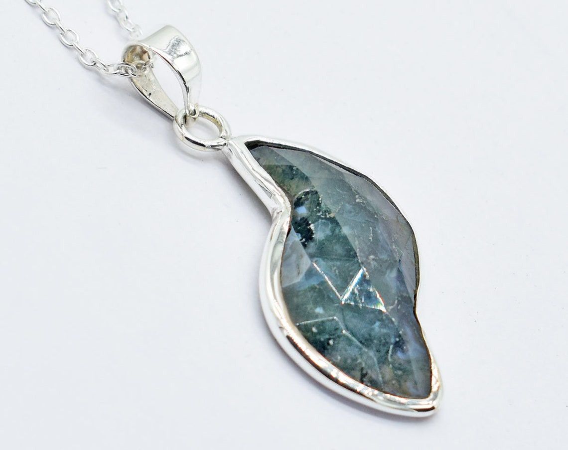 Handmade Natural Green Moss Agate Necklace 925K Silver Pendant 18" Size ONE SIZE - 2 Thumbnail