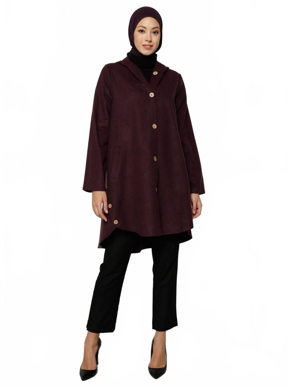 The Unbranded Brand Elegant Burgundy Button-Up Long Sleeve Coat with Hood Size M / US 6-8 / IT 42-44 - 2 Thumbnail