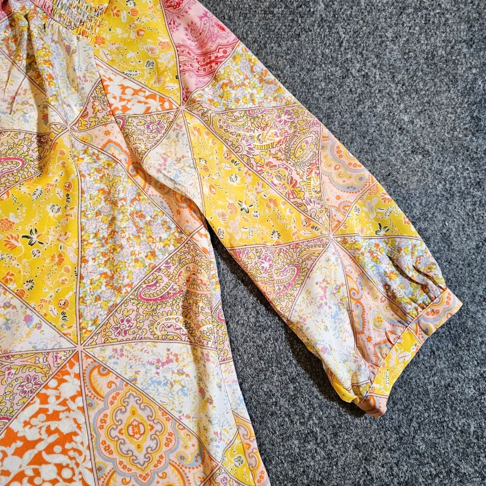 Vintage Rose & Olive Top Blouse Women 1X Pink Yellow Patchwork Floral Sheer V Neck 3/4 Sleeve Casual Shirt Ladies XS-Plus Size XL / US 12-14 / IT 48-50 - 4 Thumbnail