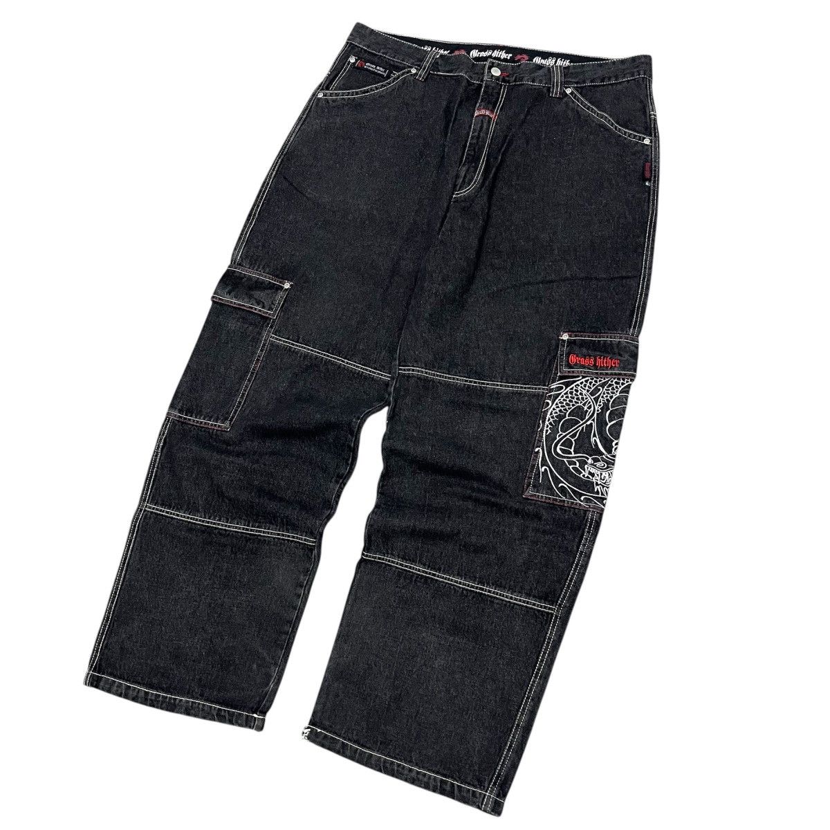 If Six Was Nine 🐲 Grass Hither Embroidery Baggy Cargo Black Denim Pant Size US 40 / EU 56 - 3 Thumbnail