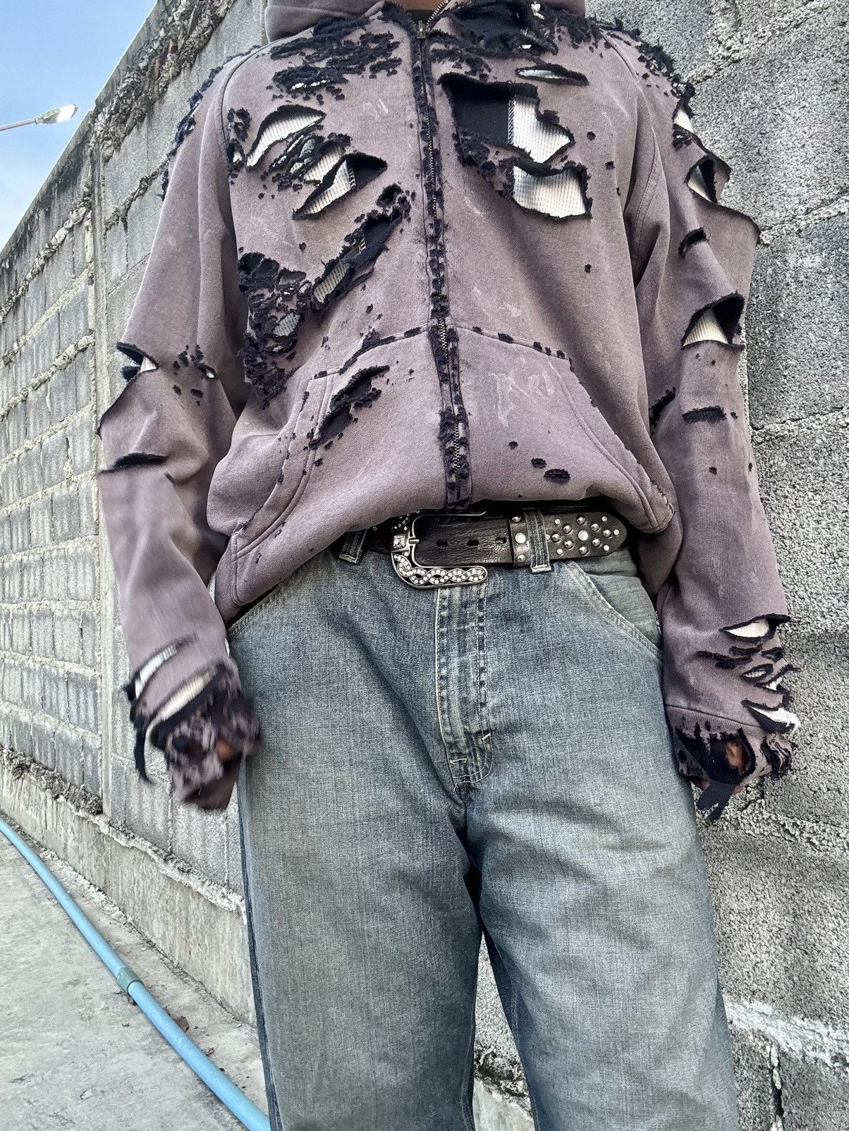 Vintage BOXY THRASHED THERMAL WAFFLE ZIP HOODIE Size US XL / EU 56 / 4 - 2 Thumbnail