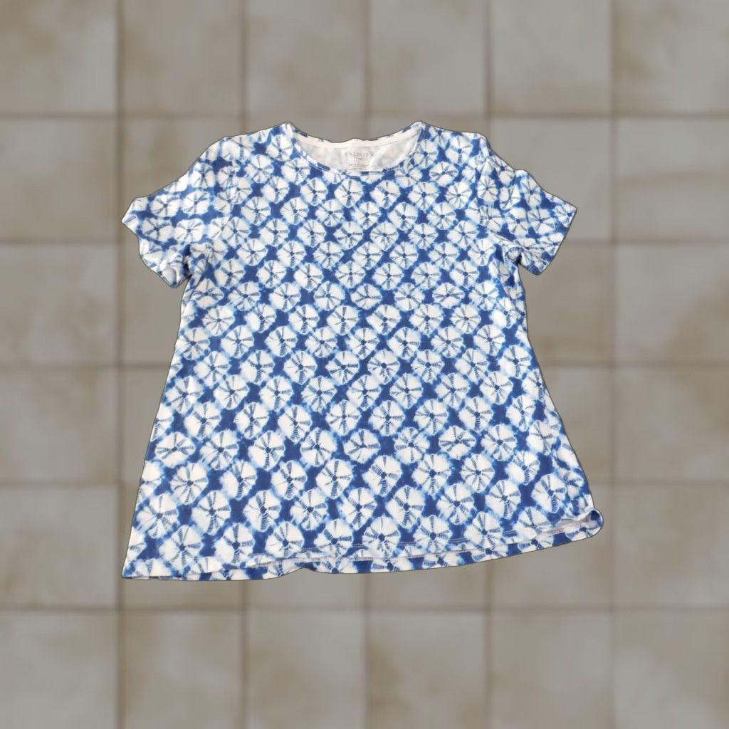 Talbots Talbots Blouse Shirt Casual Womens Cotton Spandex Geometric Short Sleeve Blue Large Round Neck Pullover Classic Stretch Size L / US 10 / IT 46 - 1 Thumbnail
