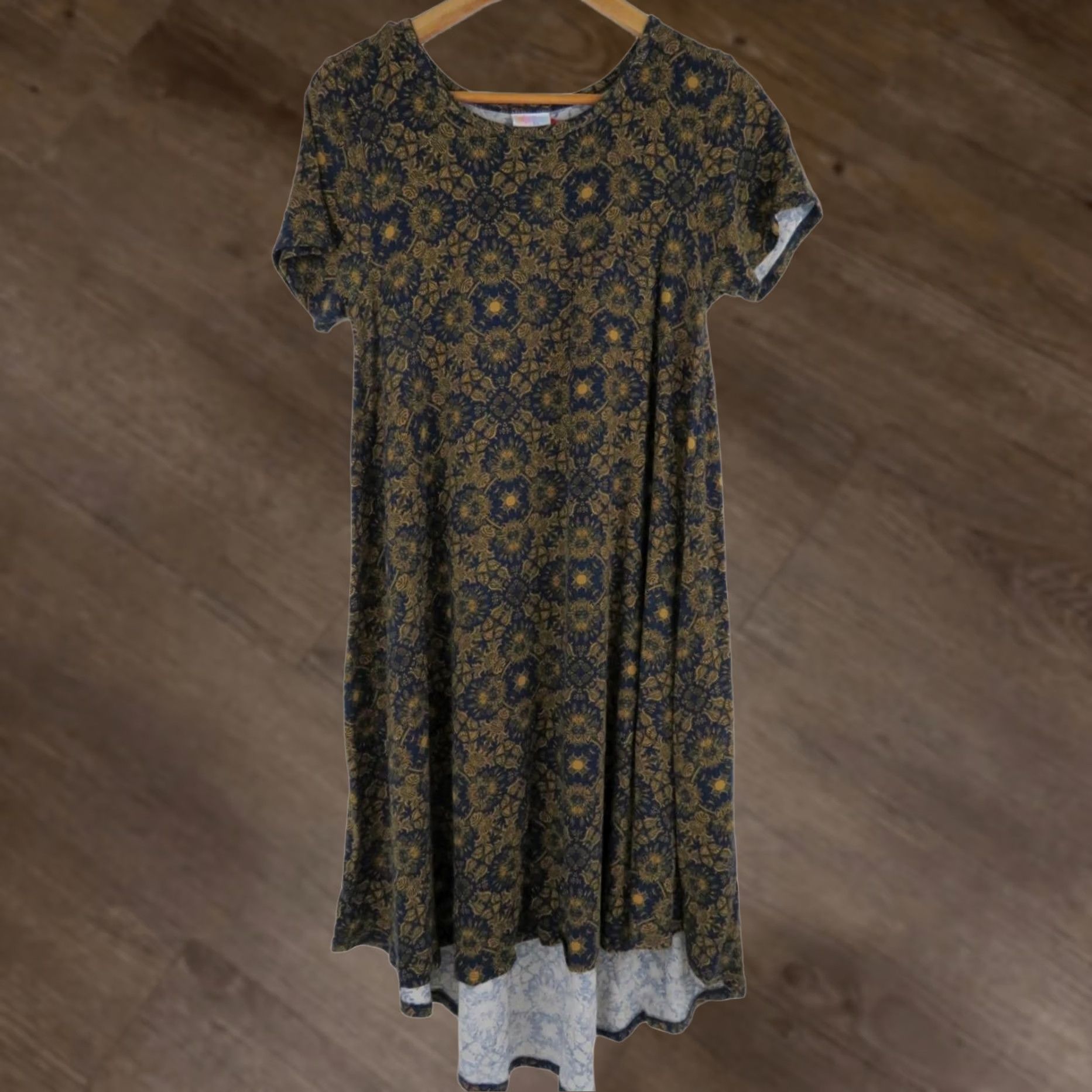 Vintage LuLaRoe Carly Shirt Dress XS Blue Gold Floral Graphic Print Stretch Swing Trapeze Tee Women Size XS / US 0-2 / IT 36-38 - 1 Thumbnail