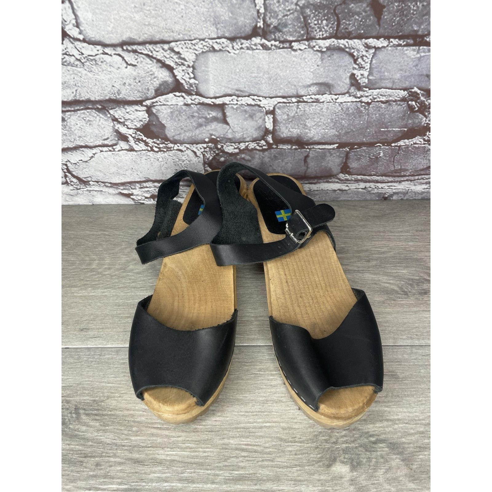 Swedish Hasbeens Swedish Hasbeens Black Leather Wooden Heel Peep Toe Ankle St Size US 7.5 / IT 37.5 - 2 Thumbnail