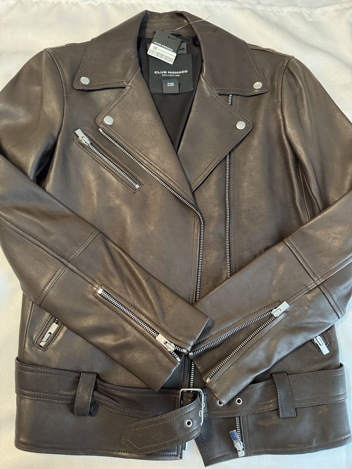 Club Monaco Club Monaco Brown Leather Moto Jacket with Belt Size S / US 4 / IT 40 - 2 Thumbnail