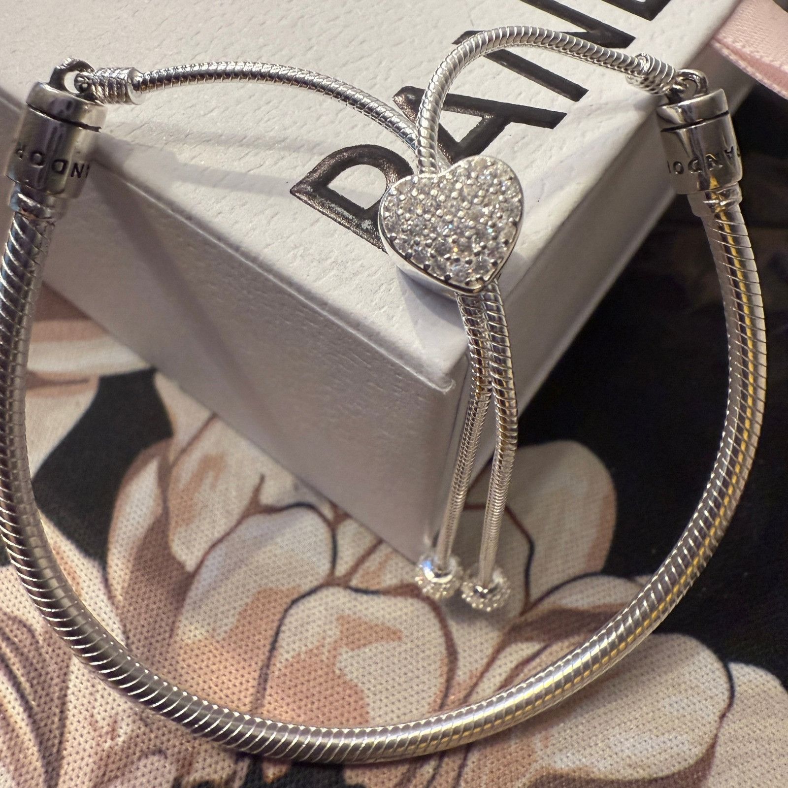 pandora Authentic Pandora Silver Sparkling Pave Heart Slider Bracele Size ONE SIZE - 1 Thumbnail
