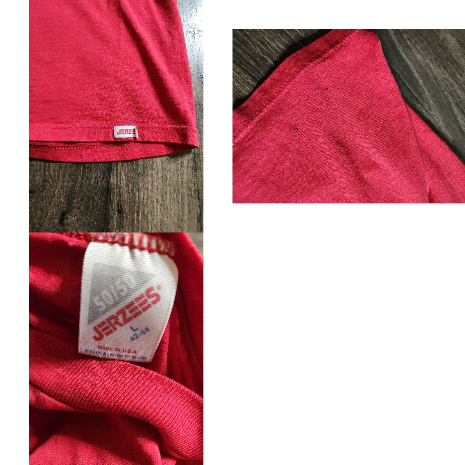Jerzees VINTAGE Jerzees T-Shirt Mens L Red Single Stitch Cotton Blend Crew Neck Pocket USA Thrashed Deeply worn Size US L / EU 52-54 / 3 - 8 Thumbnail