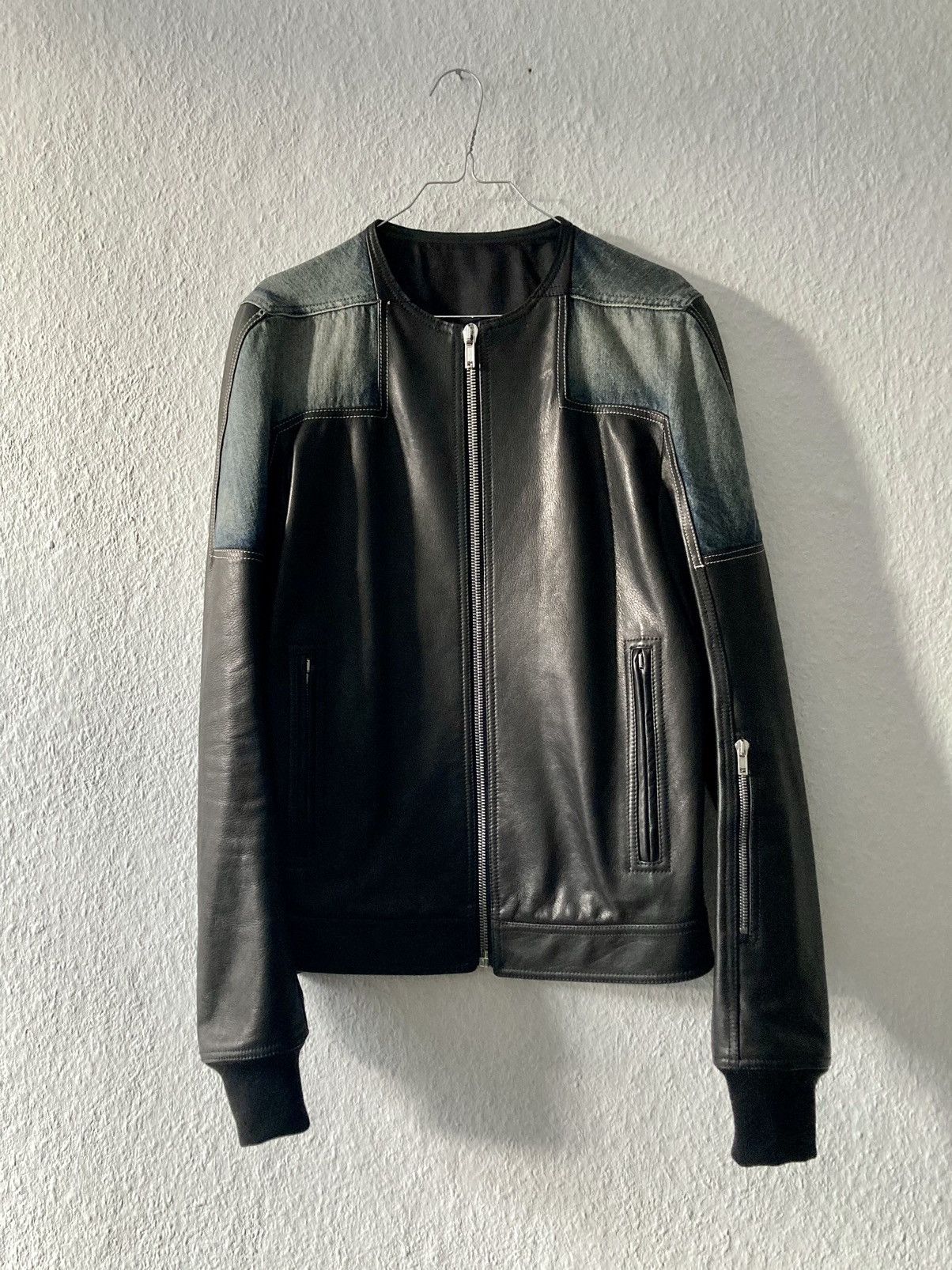 image of Rick Owens Ss19 Babel Leather & Denim Bomber Jacket in Black, Men's (Size Medium)