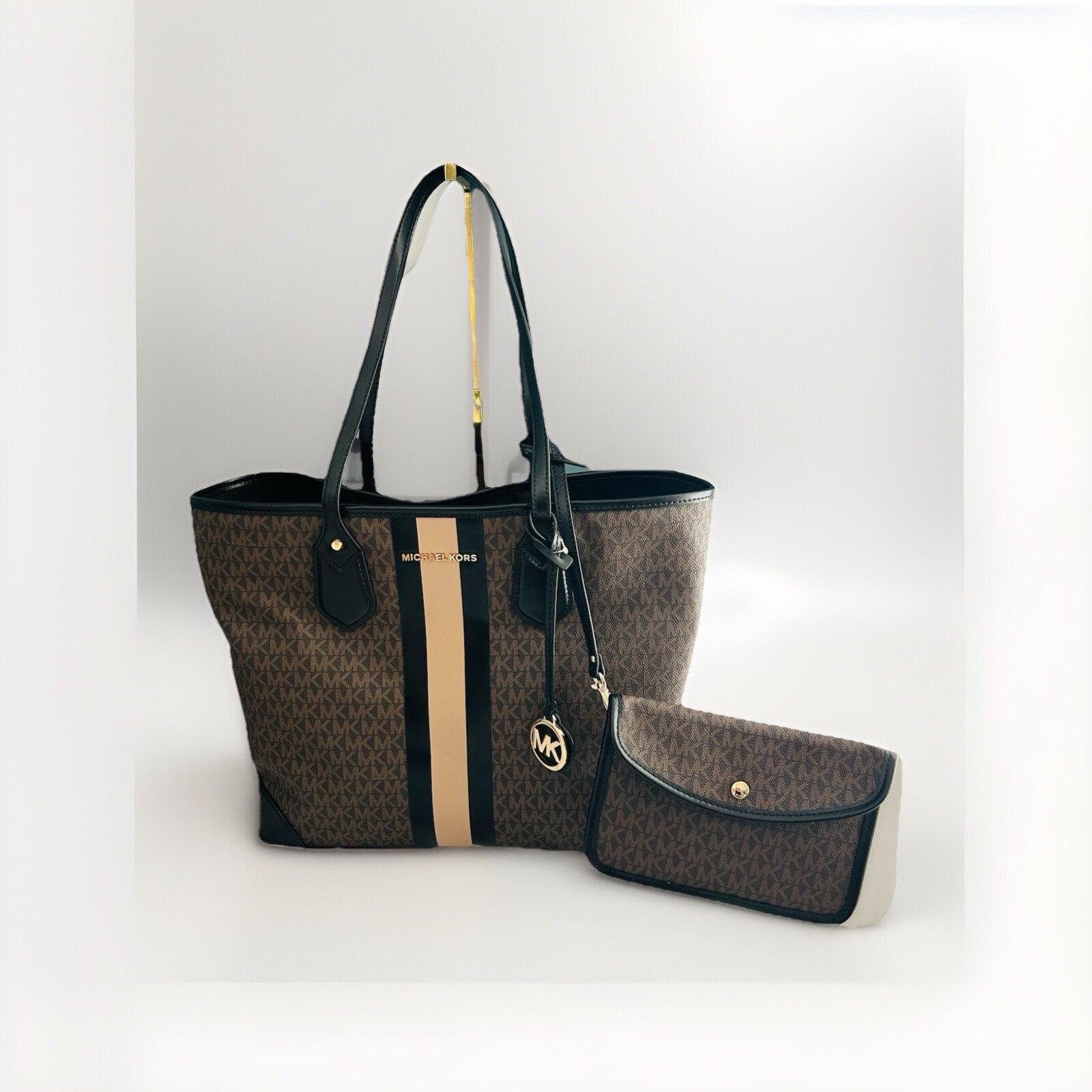 Michael Kors Michael Kors Eva Large Stripe Tote Bag Pouch Black Camel NWT Size ONE SIZE - 1 Thumbnail