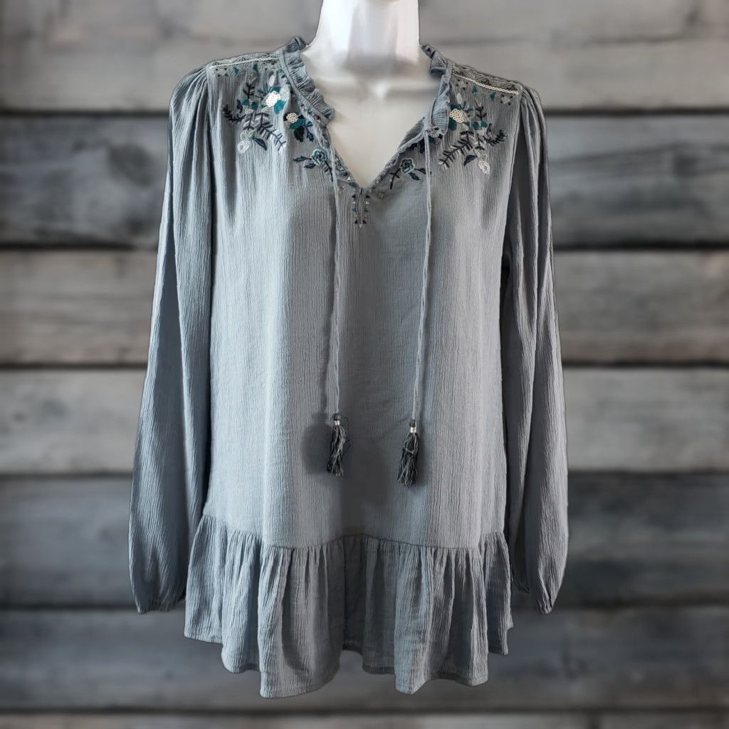 Vintage Knox Rose Womens Blouse Sz S Blue Floral Embroidered Long Sleeve Tassels Size S / US 4 / IT 40 - 1 Thumbnail