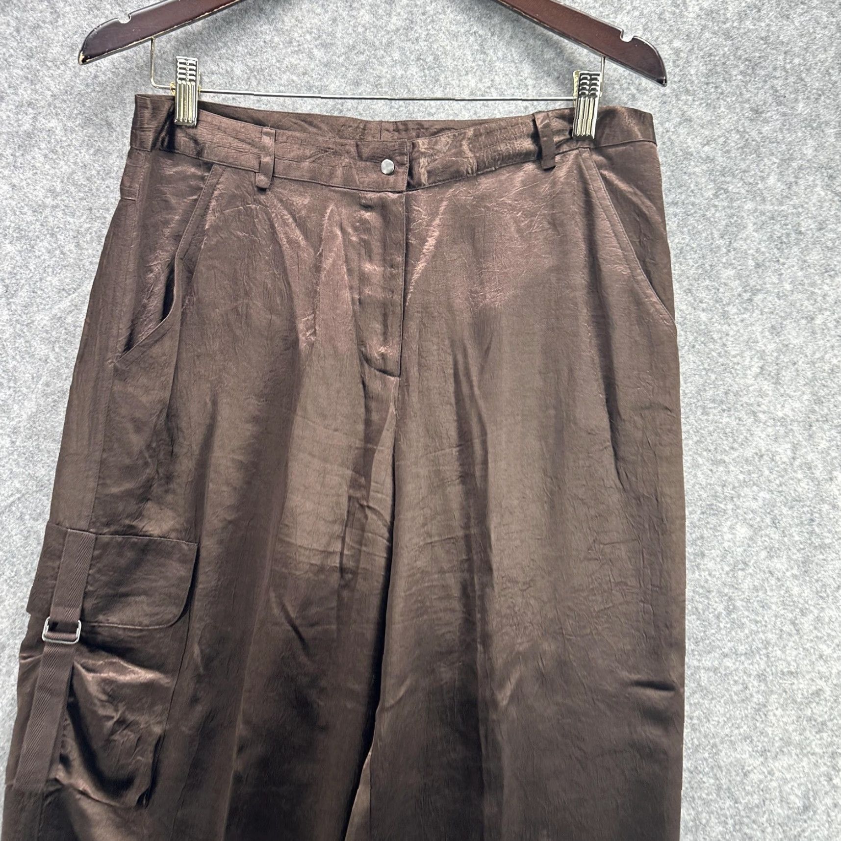 Vintage Spenser Jeremy Pants Womens 12 Brown Cargo Jogger Pleated Zip Fly Elastic Satin Tapered Pockets Cuffed Size 34" / US 12 / IT 48 - 5 Thumbnail