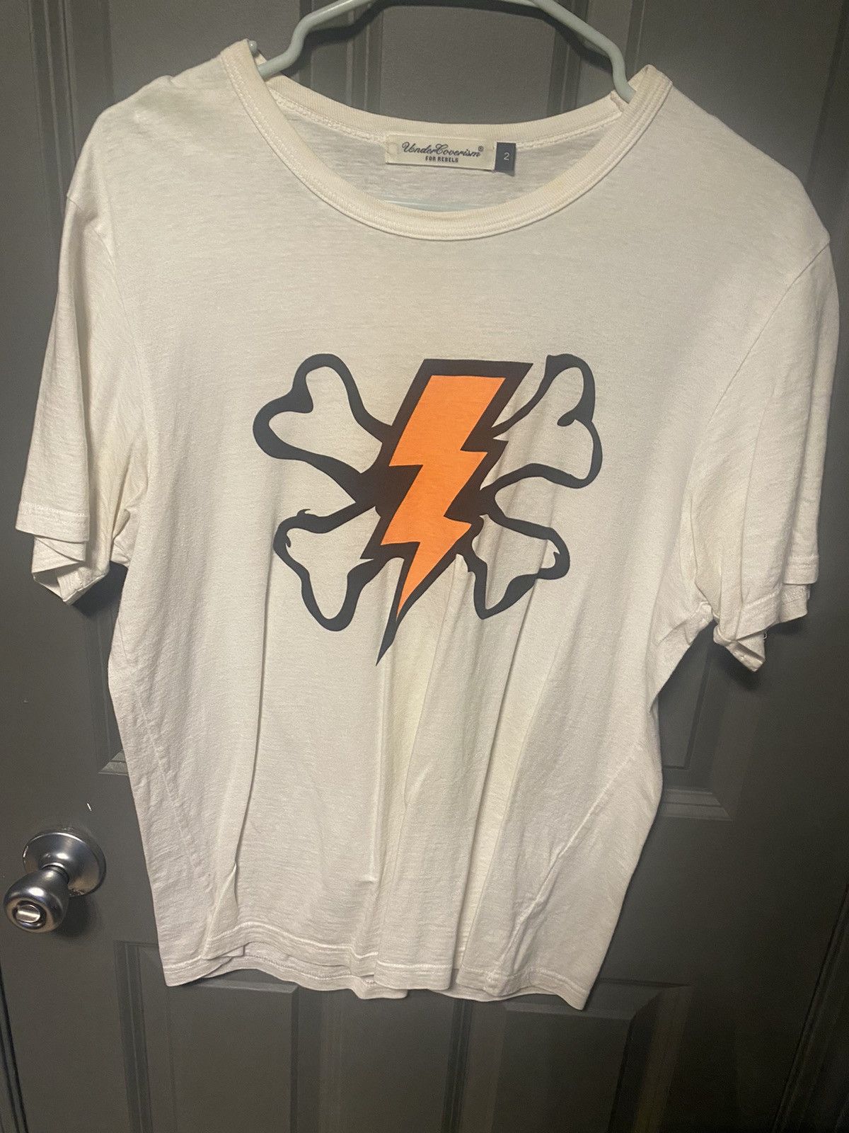 image of Undercover Orange Lighting Bolt Shirt in White, Men's (Size Large)