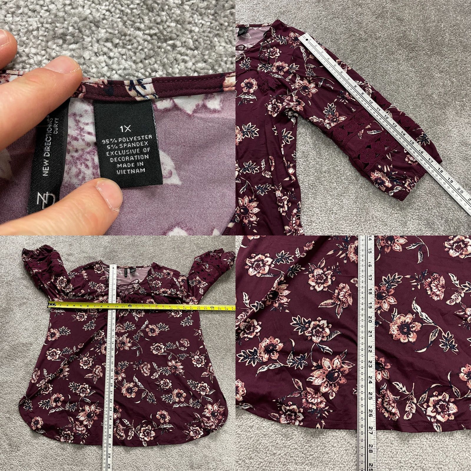 Vintage New Directions Tunic Blouse Womens XL Maroon Floral Long Sleeve Crisscross Neck Size XL / US 12-14 / IT 48-50 - 8 Thumbnail