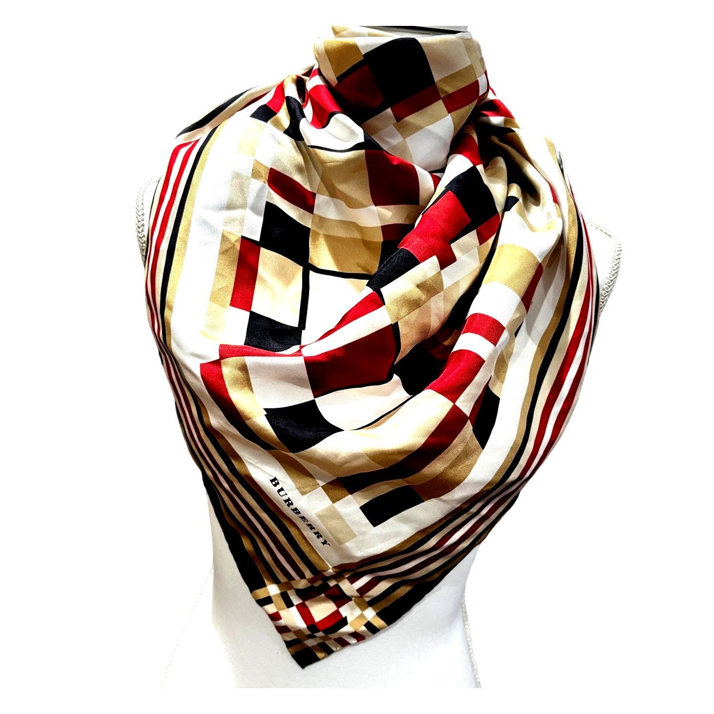 Burberry BURBERRY London Silk Beige Red Black Checkered Scarf Wrap Size ONE SIZE - 2 Thumbnail