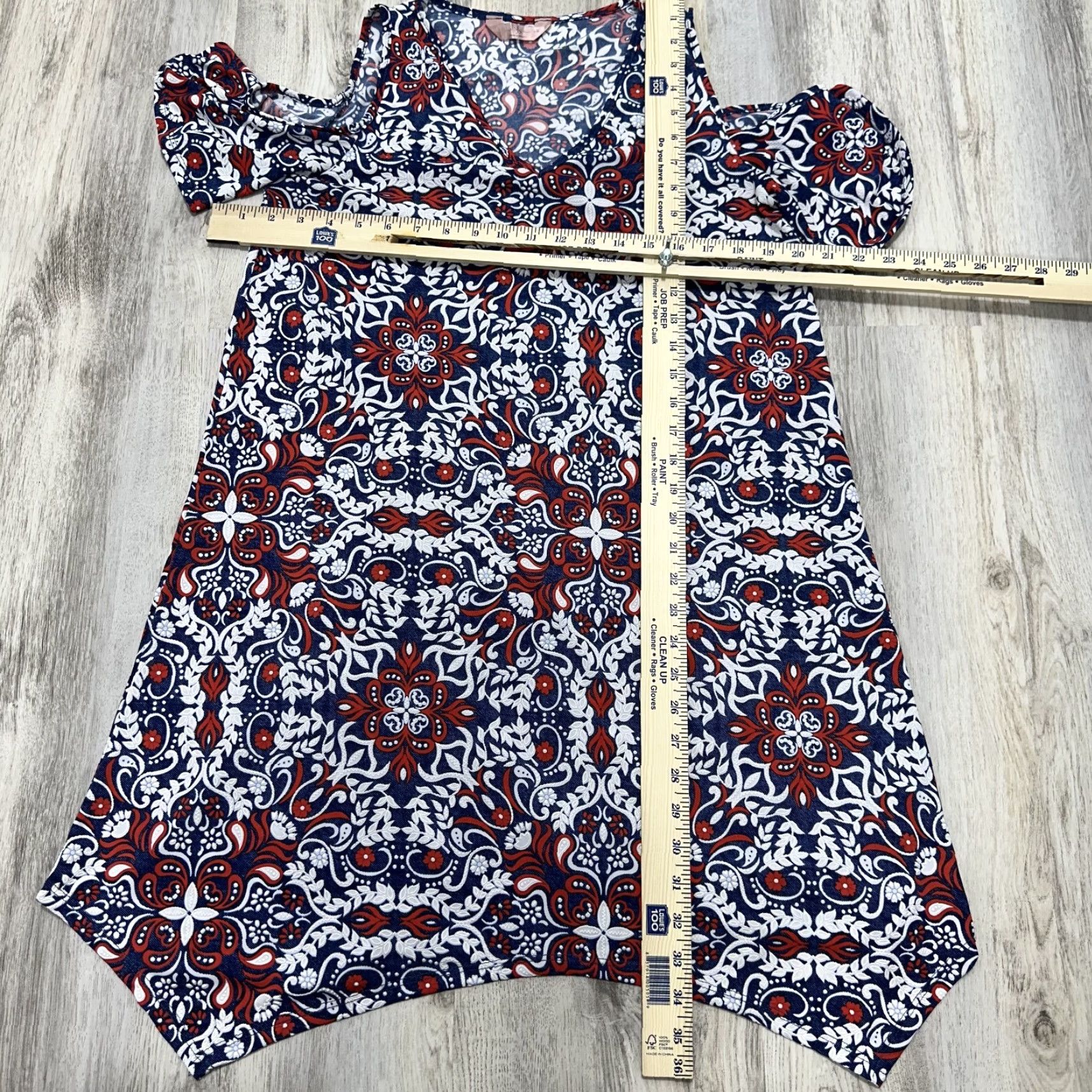 Vintage SJS Red White Blue Mosaic Print Asymmetric Trapeze Mini Dress Open Shoulder Sz S Womens Dress Size S / US 4 / IT 40 - 6 Thumbnail
