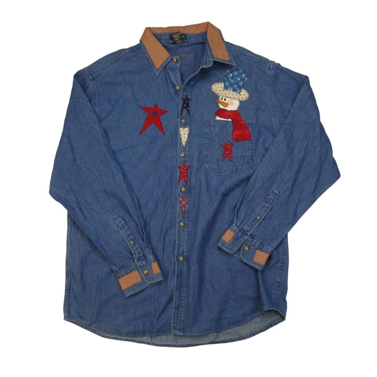 Club Room handmade Christmas Holiday button front denim shirt, Large Size L / US 10 / IT 46 - 1 Thumbnail