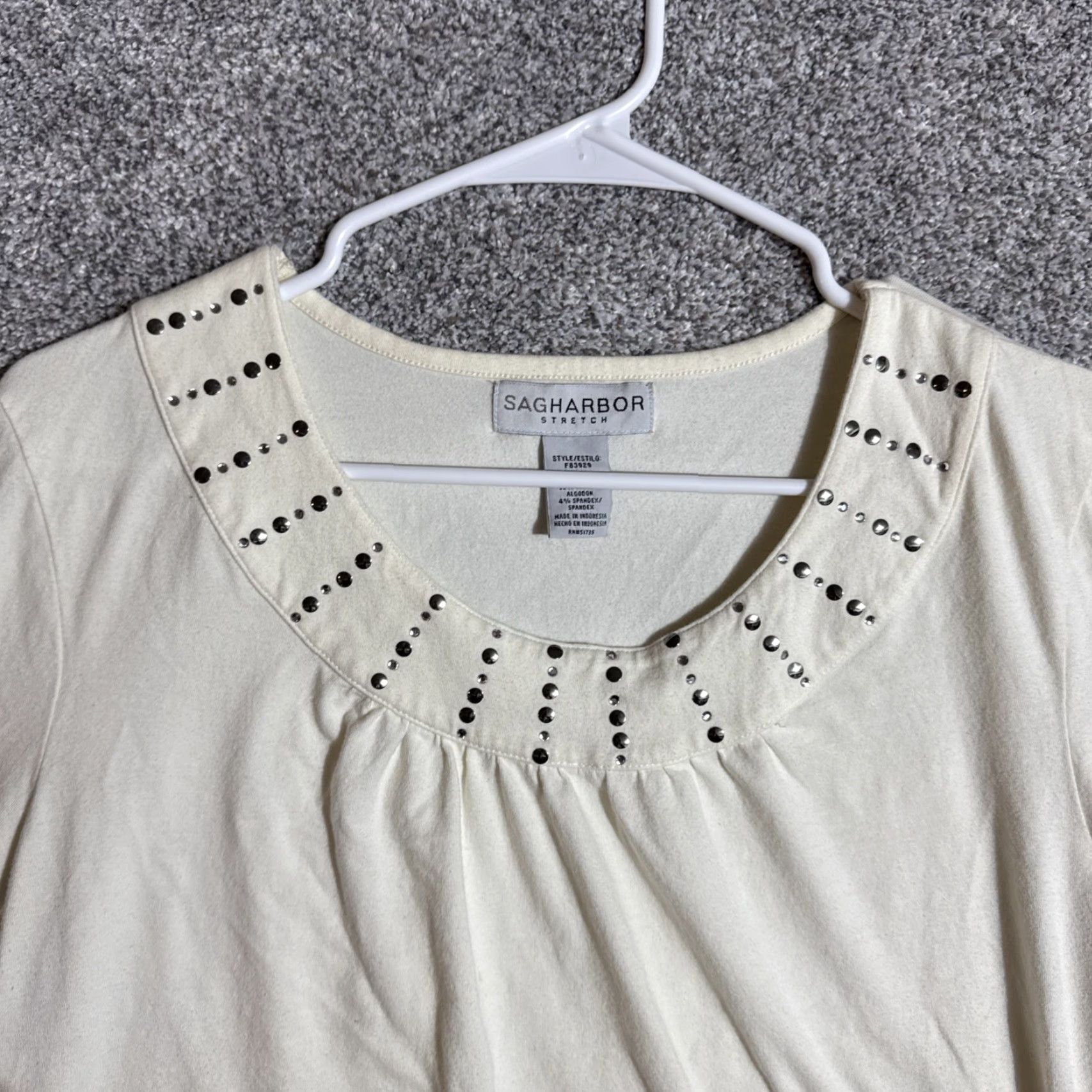 Vintage Sag Harbor Blouse Women L Sequins Embellished Top 3/4 Sleeve Round Neck Ivory Cotton Spandex Office Workwear Y2K Inspired Size L / US 10 / IT 46 - 5 Thumbnail