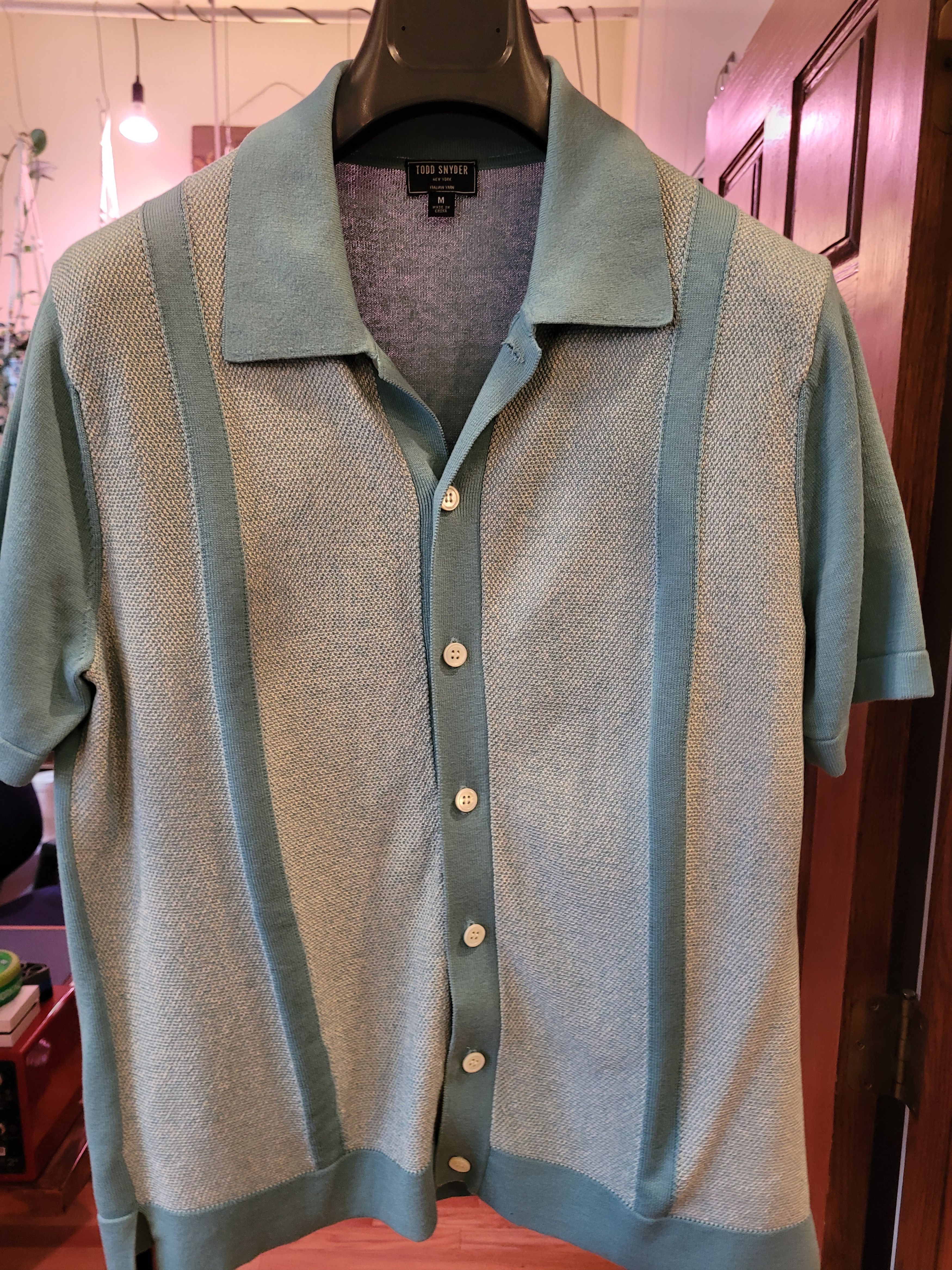 Todd Snyder Silk Cotton Small Tonal Full Placket Polo Aqua Size US M / EU 48-50 / 2 - 2 Thumbnail