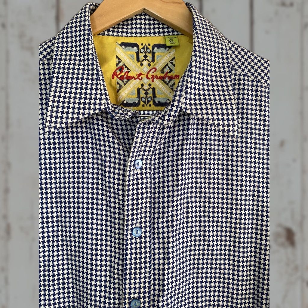 Robert Graham VINTAGE Robert Graham Button-Up Dress Shirt Mens Large L Blue White Houndstooth Check Size 42R - 1 Thumbnail