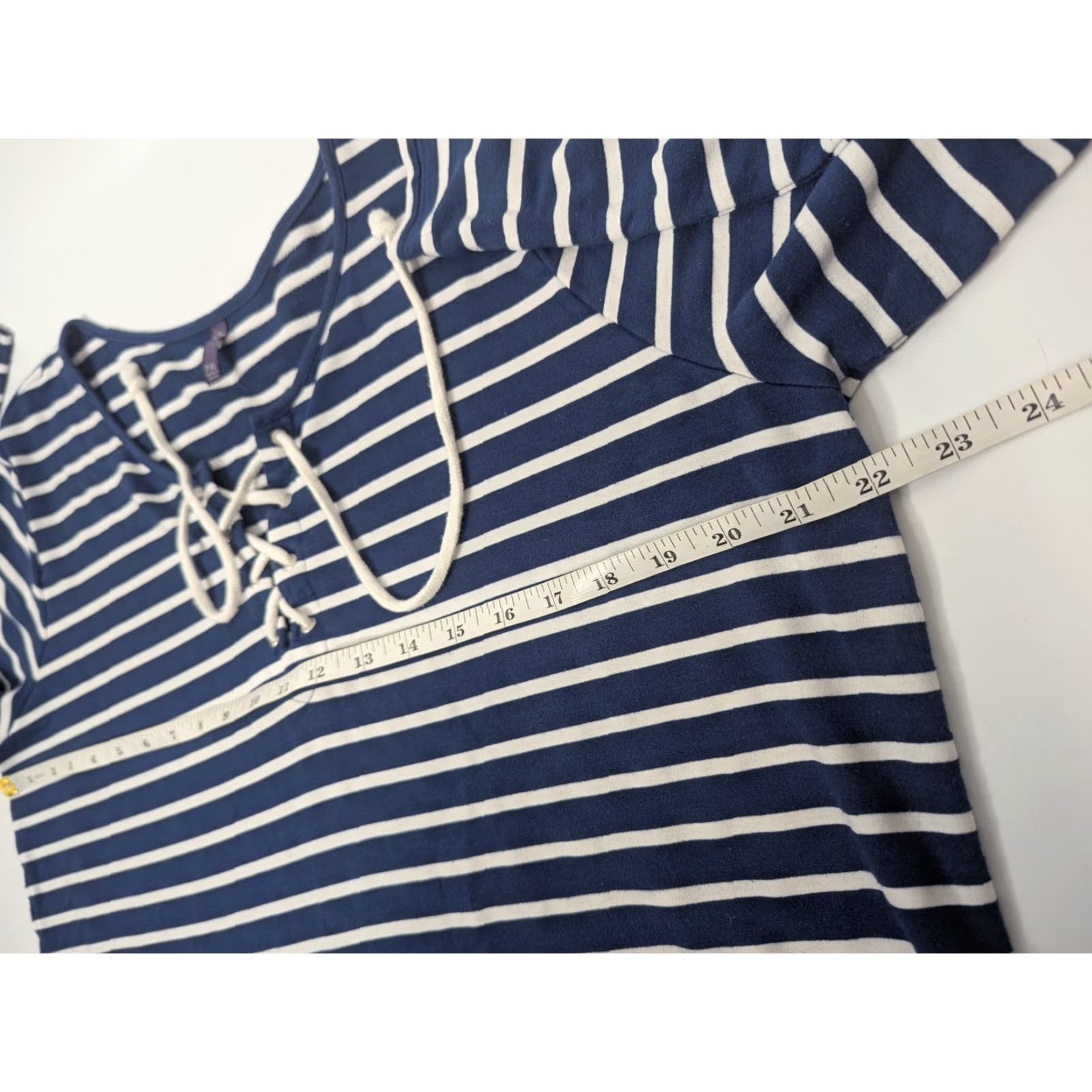 NYDJ NYDJ Shirt Women PXL Navy Striped Lace Up Long Sleeve V-Neck T-Shirt - Blue, Polyester Viscose Elastine Knit, Soft, Stretch, Unlined, Relaxed Fit Size XL / US 12-14 / IT 48-50 - 6 Thumbnail