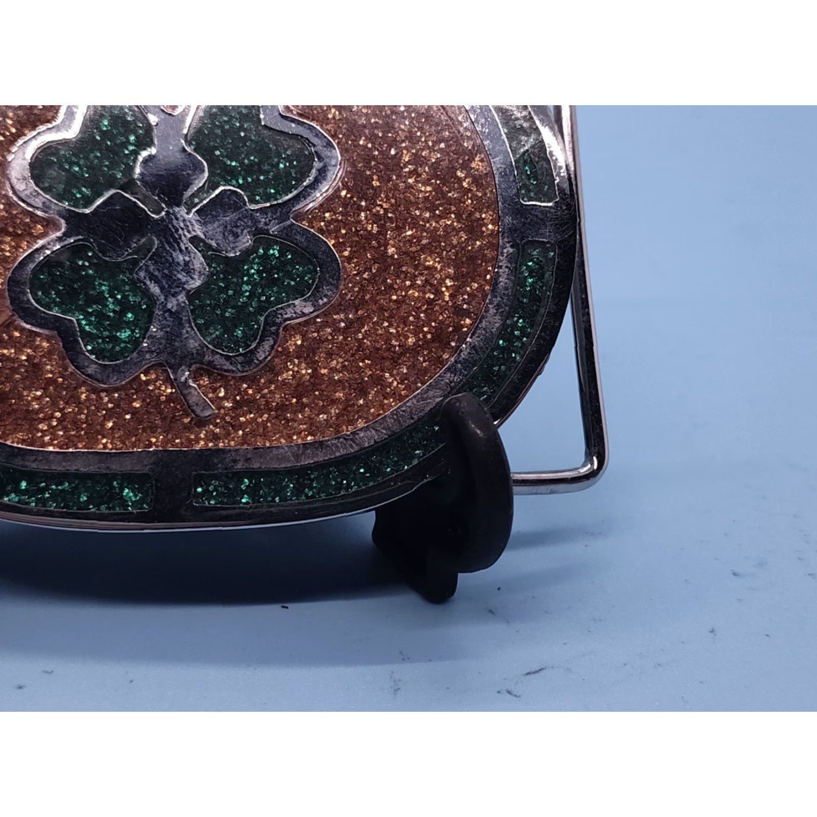 Vintage VINTAGE PSC Belt Buckle Silver Toned Four Leaf Clover Irish 1979 2 1/8" x 3" Glitter Green Orange Womens Mens Unisex Size ONE SIZE - 4 Thumbnail