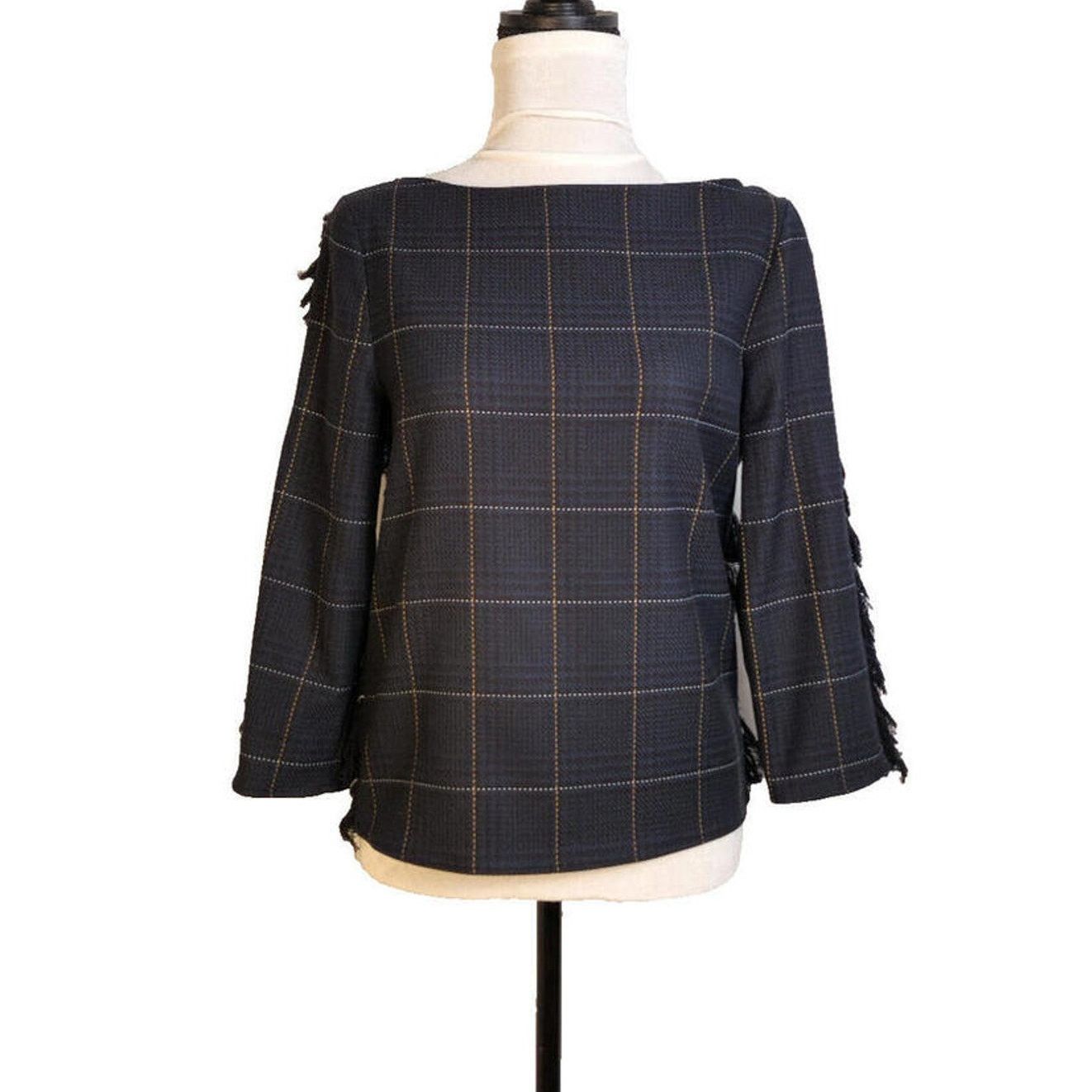 H&M H&M Plaid Fringe Boatneck Top Navy Green 3/4 Sleeve Size 4 Size S / US 4 / IT 40 - 4 Thumbnail