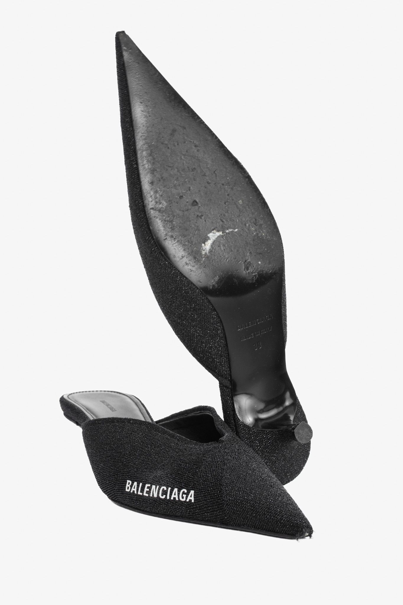 Balenciaga Balenciaga Black Glitter Knit Pointed-Toe Knife Mules Size US 7.5 / IT 37.5 - 4 Thumbnail
