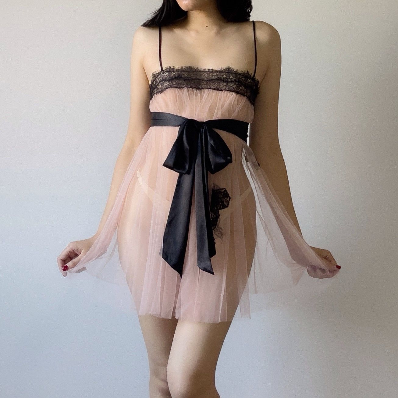 Romantic Dusty Pink Mesh & Black Lace Sheer Mini Dress/XS-M