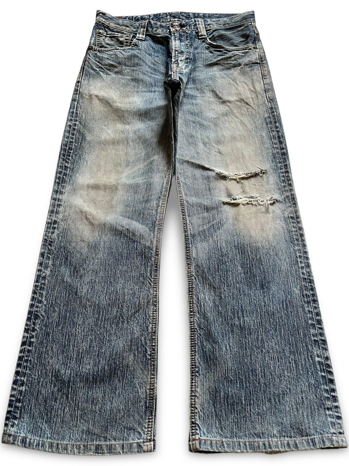 image of Distressed Denim x Edwin Vintage Japanese Edwin Mud Wash Distressed Bootcut Jeans in Blue (Size 33)