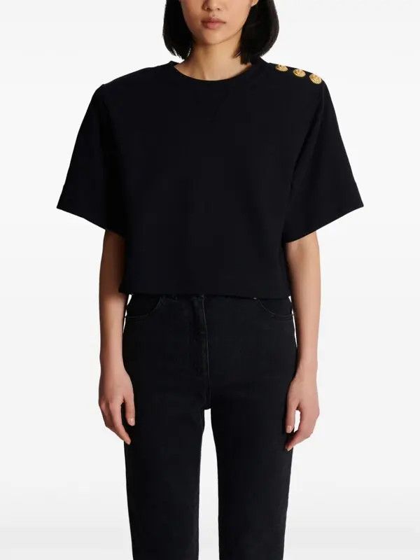 Balmain o1s1wg110725 Button Detail Cropped Sweatshirt in Black Size L / US 10 / IT 46 - 6 Thumbnail