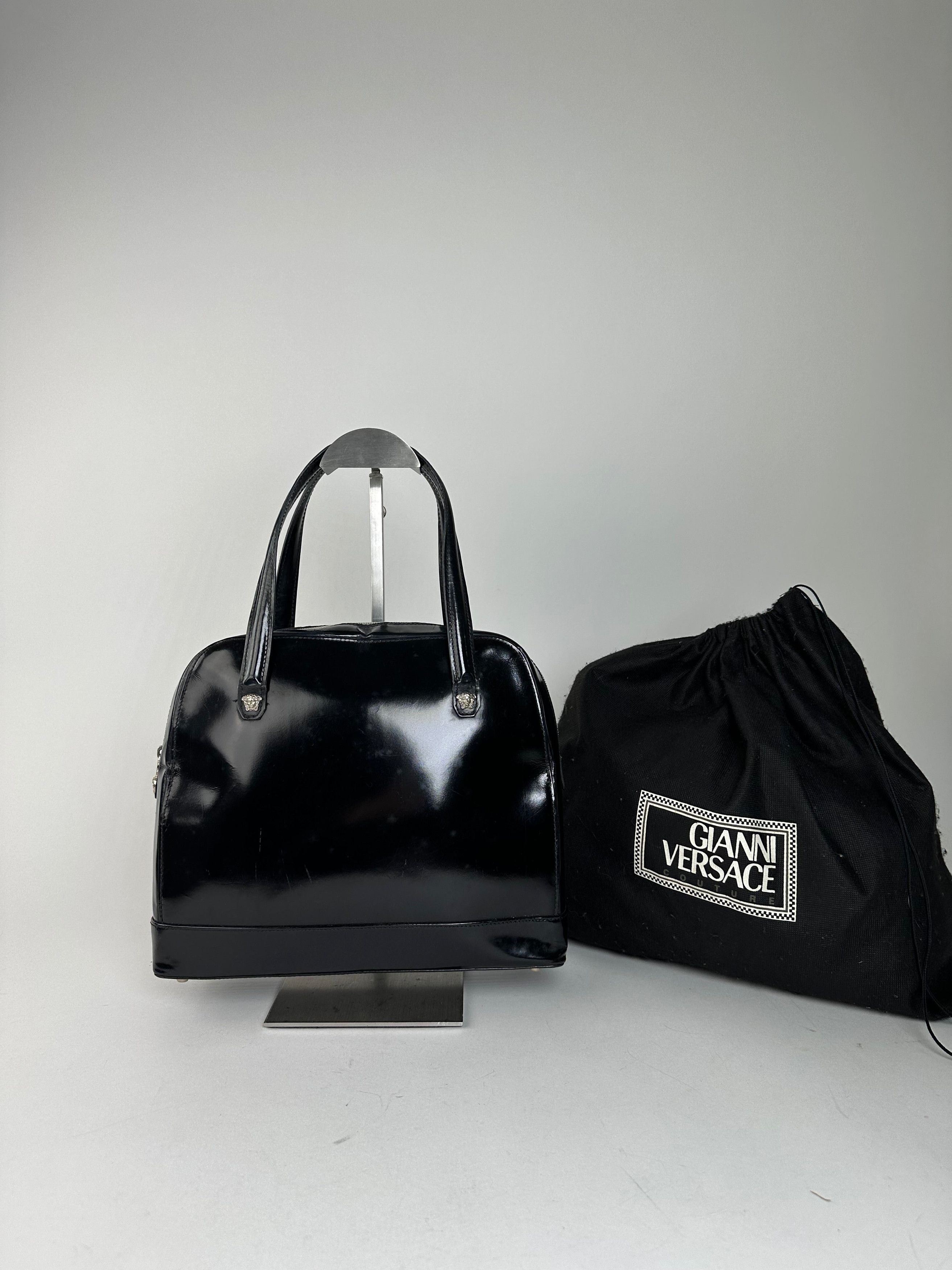 Versace Gianni Black Patent Leather Handbag with Silver-Tone Medusa Size ONE SIZE - 1 Thumbnail