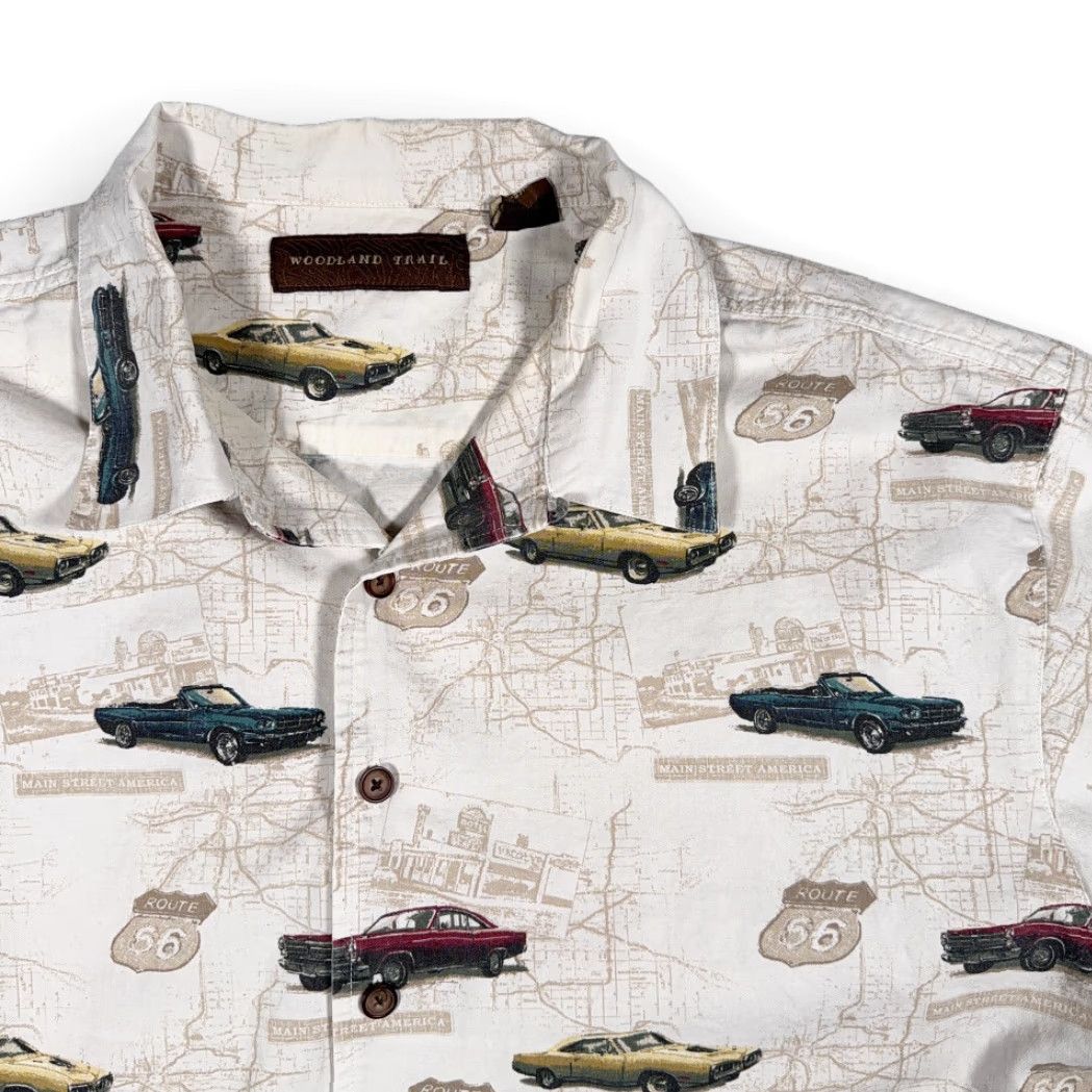 Route 66 VINTAGE Woodland Trail Car Shirt Adult Large White Route 66 Maps Americana Y2K 90s Cars USA Graphic Print Button-Up Short Sleeve Collared Size US L / EU 52-54 / 3 - 2 Thumbnail