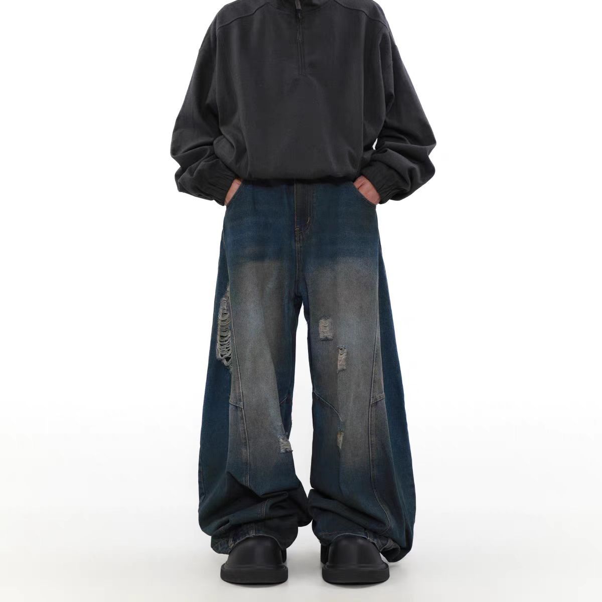 Japanese Brand × Jean Vintage ripped deconstructed straight leg loose jeans Size US 32 / EU 48 - 1 Thumbnail