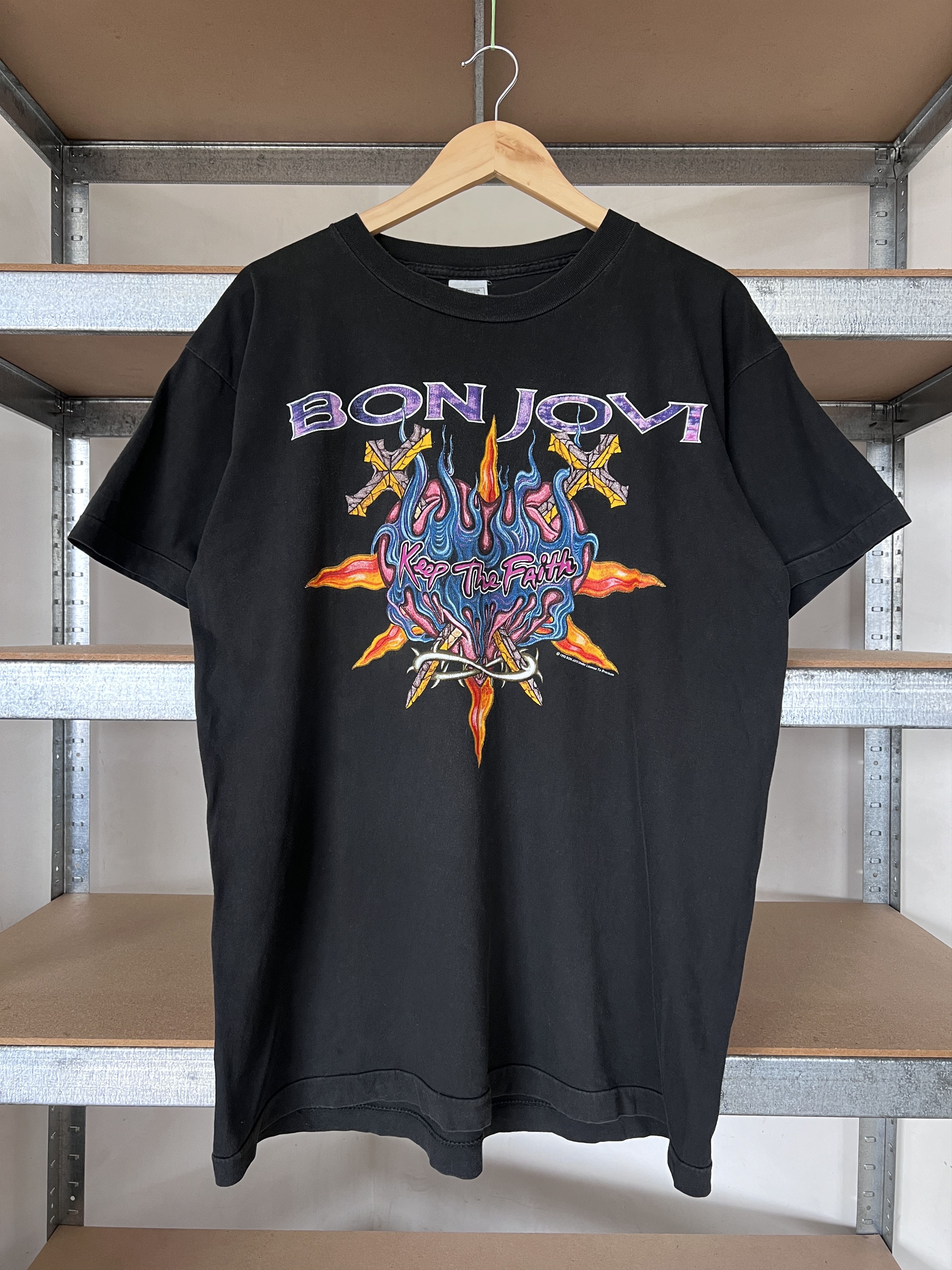 image of Band Tees x Rock T Shirt Bon Jovi 1993 Keep The Faith Rock Band Tour Tee in Black, Men's (Size XL)