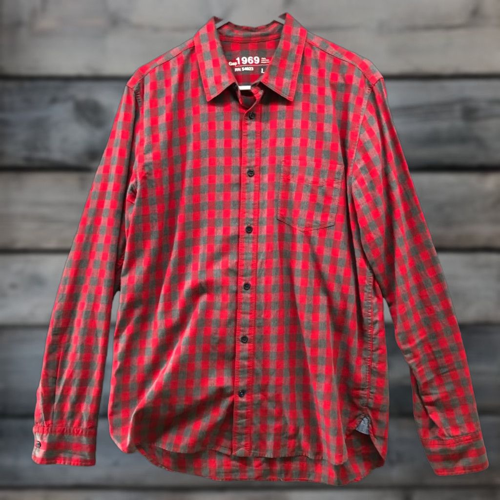 Gap Gap Shirt Mens L Red Gray Check Button Up Cotton Long Sleeve Regular Size US L / EU 52-54 / 3 - 1 Thumbnail