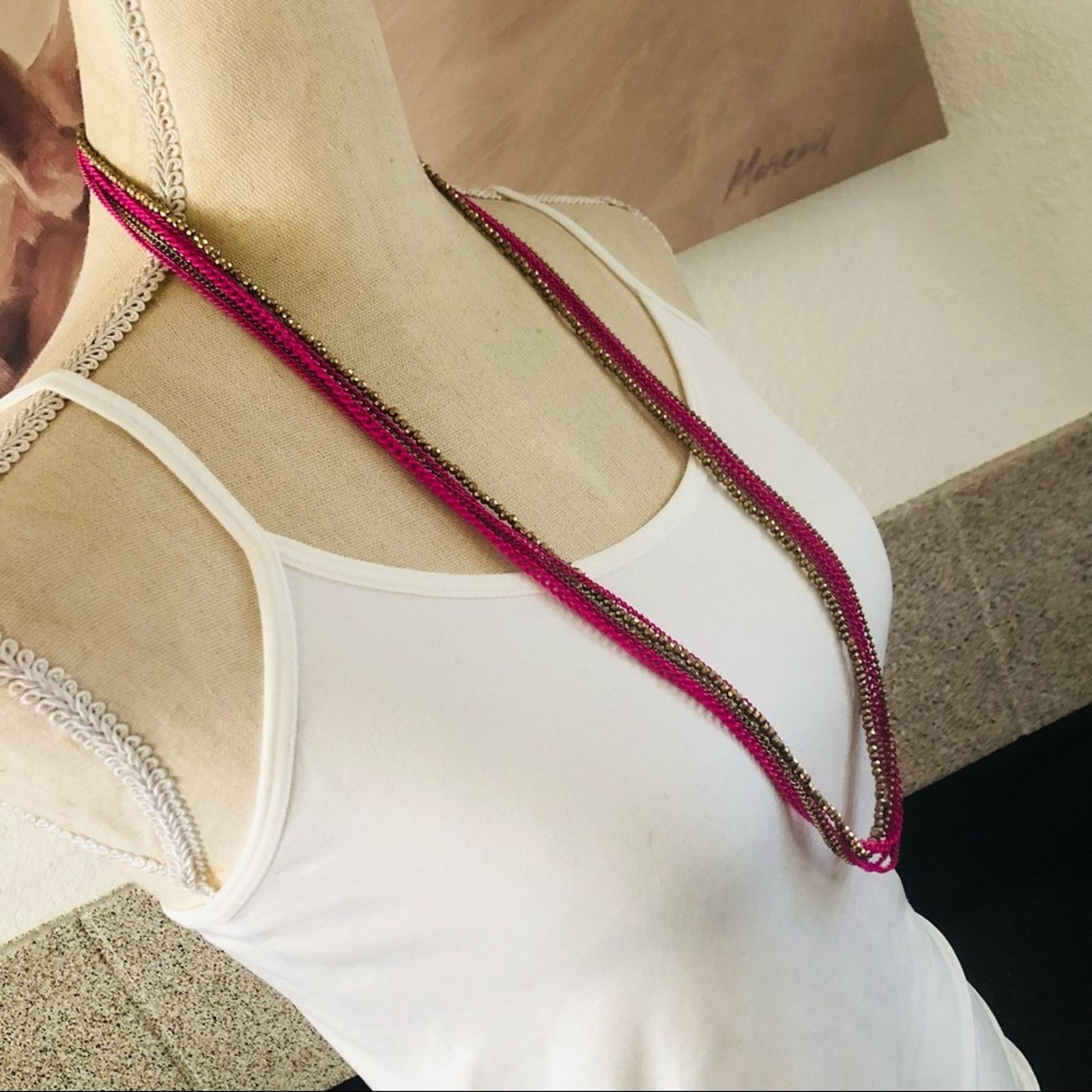 Jewelry Multi strand pink chain brass sparkle bead necklace Size ONE SIZE - 2 Thumbnail