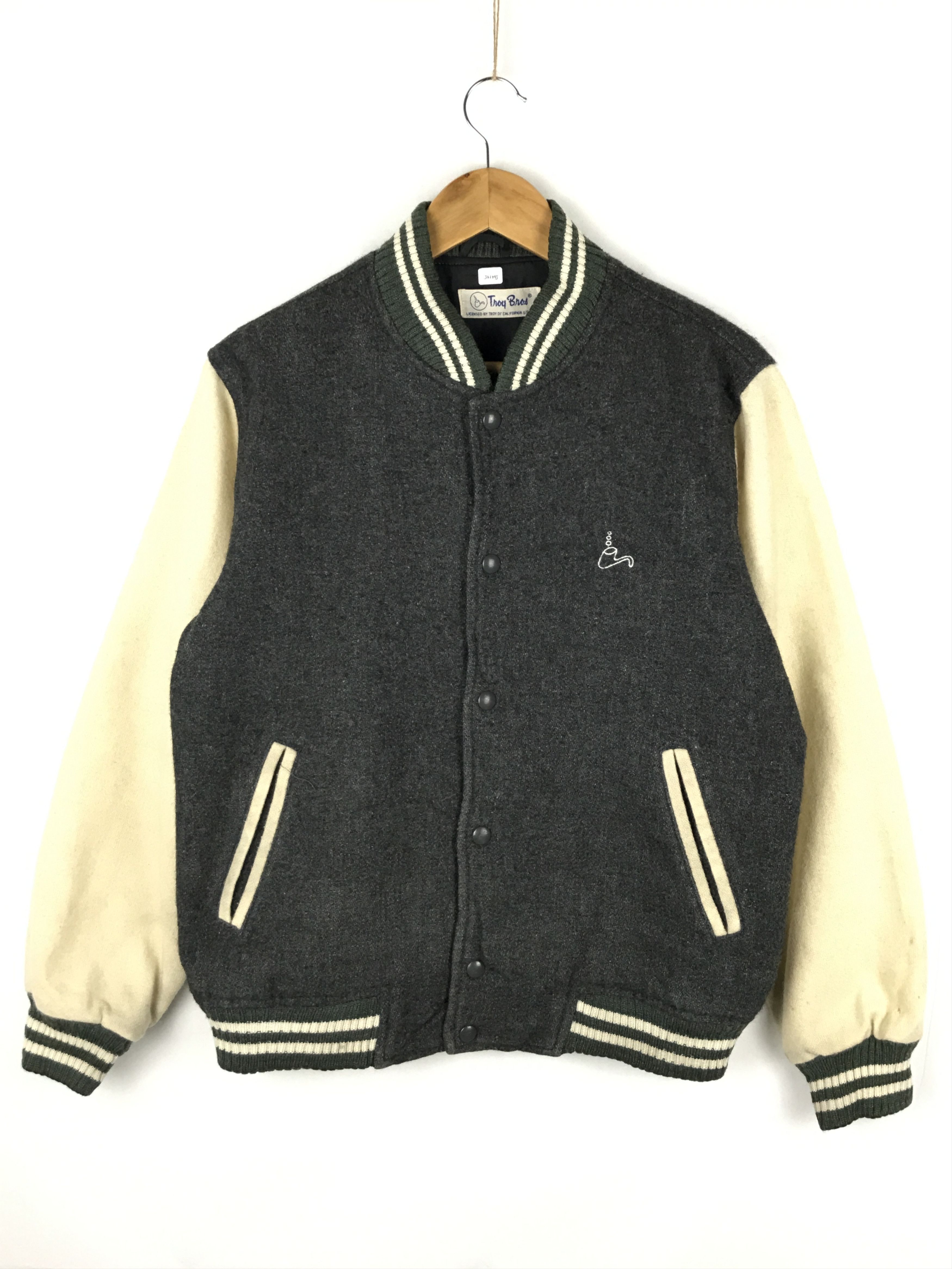 Image of Vintage Troy Bros Varsity Jacket in Dark Grey, Men's (Size Small)