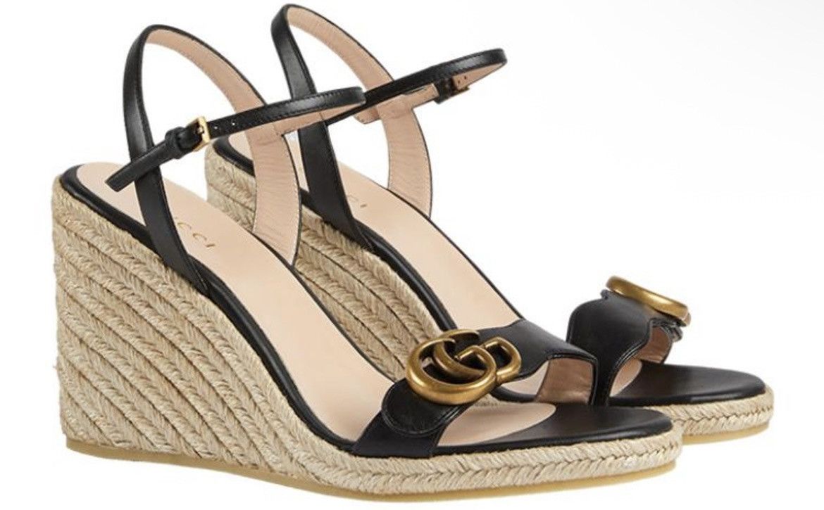 Gucci Gucci Double G 95mm Platform Espadrille Black Leather Sandal Size US 4.5 / IT 34.5 - 1 Thumbnail