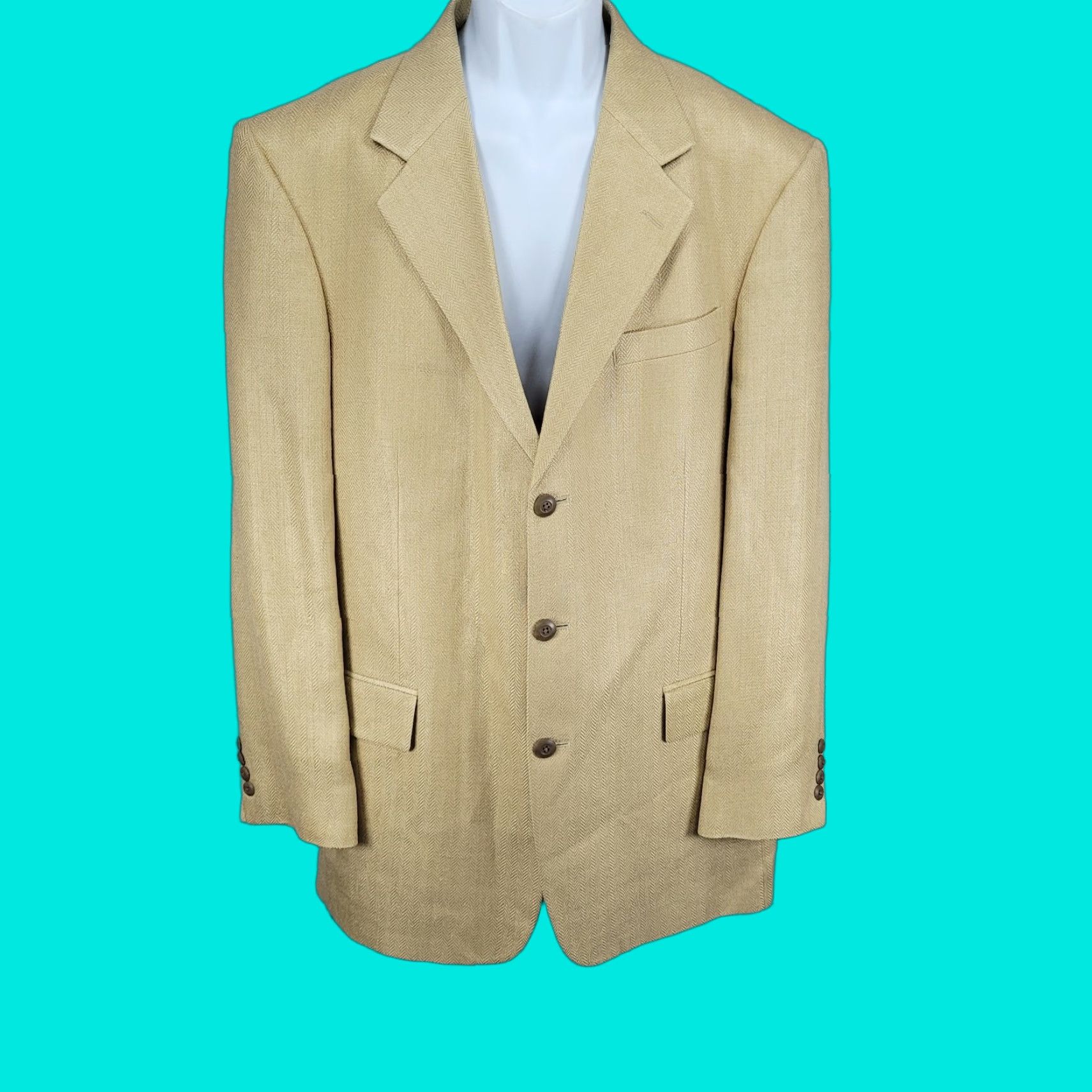Vintage Bachrach Gold 100% Silk Herringbone 3 Button Notch Blazer Sport Coat 42L Men Shirt? Size 42R - 1 Thumbnail