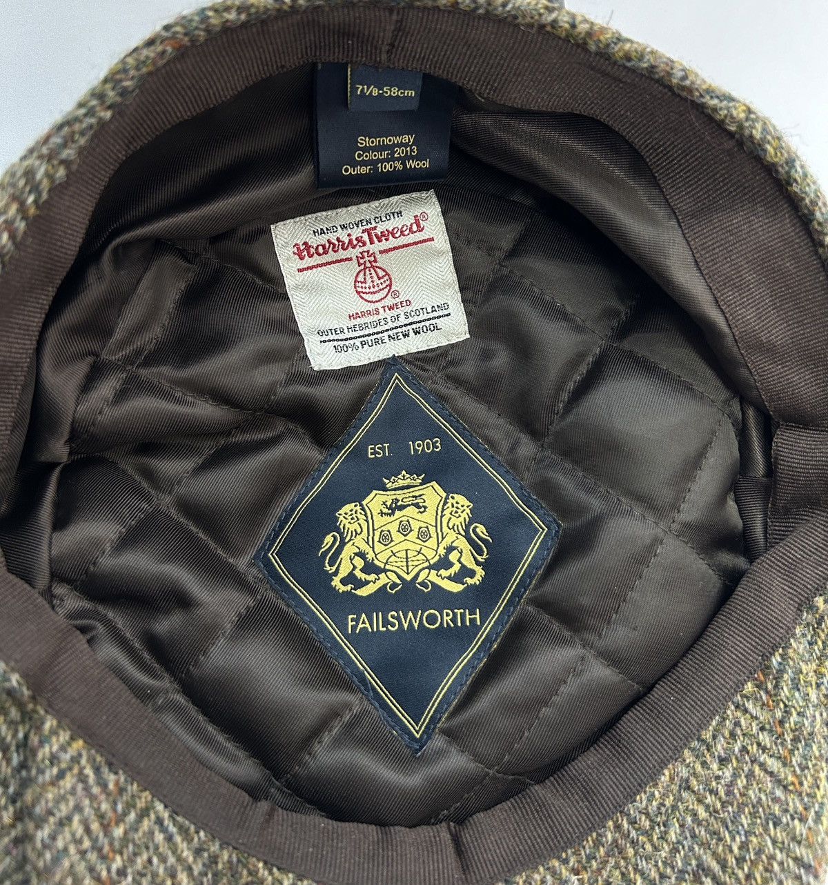 Designer × Harris Tweed Failsworth Stornoway Harris Tweed Flat Cap Wool 58CM 7 1/8 Size ONE SIZE - 8 Thumbnail