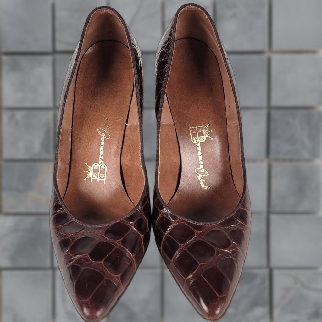 Vintage VINTAGE Crocodile Stiletto Heels Bytoness Size 7 Dark Brown Pointy Toe Pumps Women Size US 7 / IT 37 - 1 Thumbnail