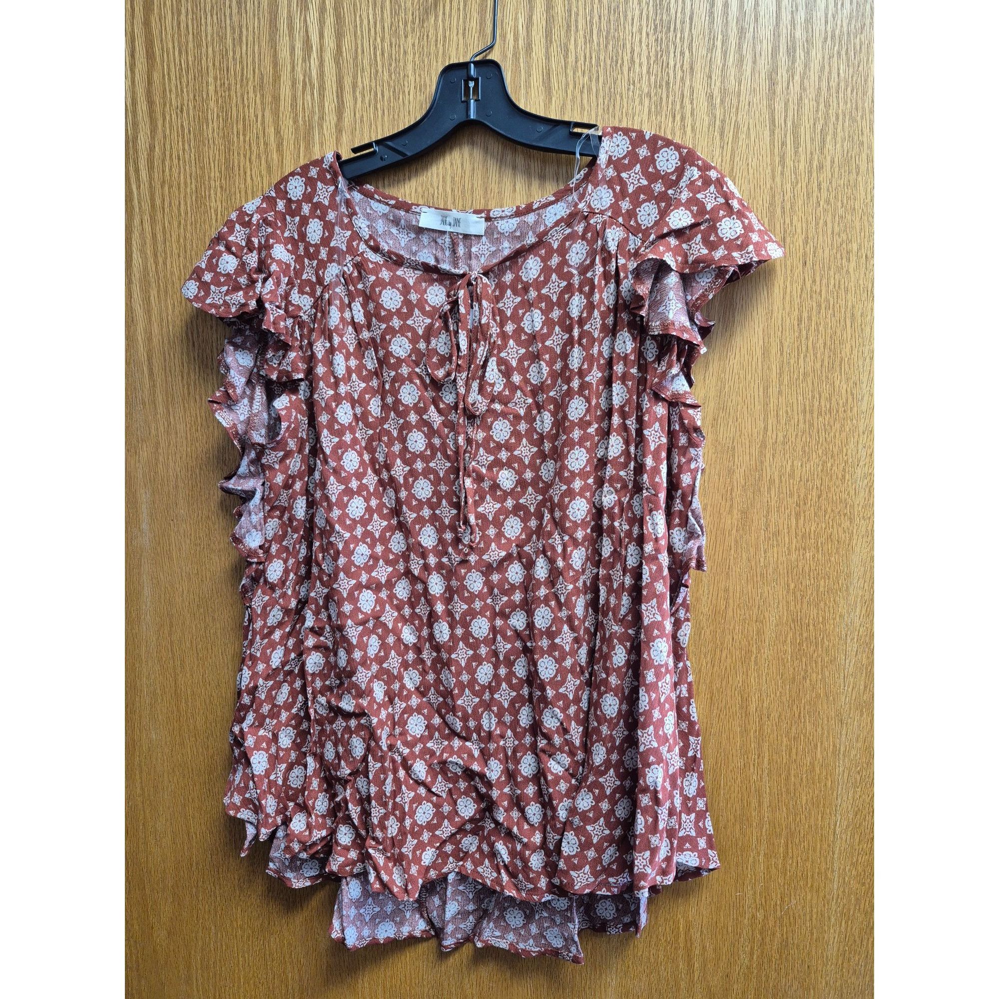 Other Rust-Red Floral Ruffle Sleeve Rayon Top With Tie Neck Medium Size M / US 6-8 / IT 42-44 - 3 Thumbnail