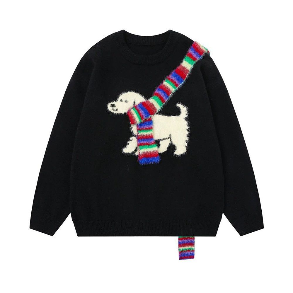 Men's loose casual puppy embroidered patchwork sweater