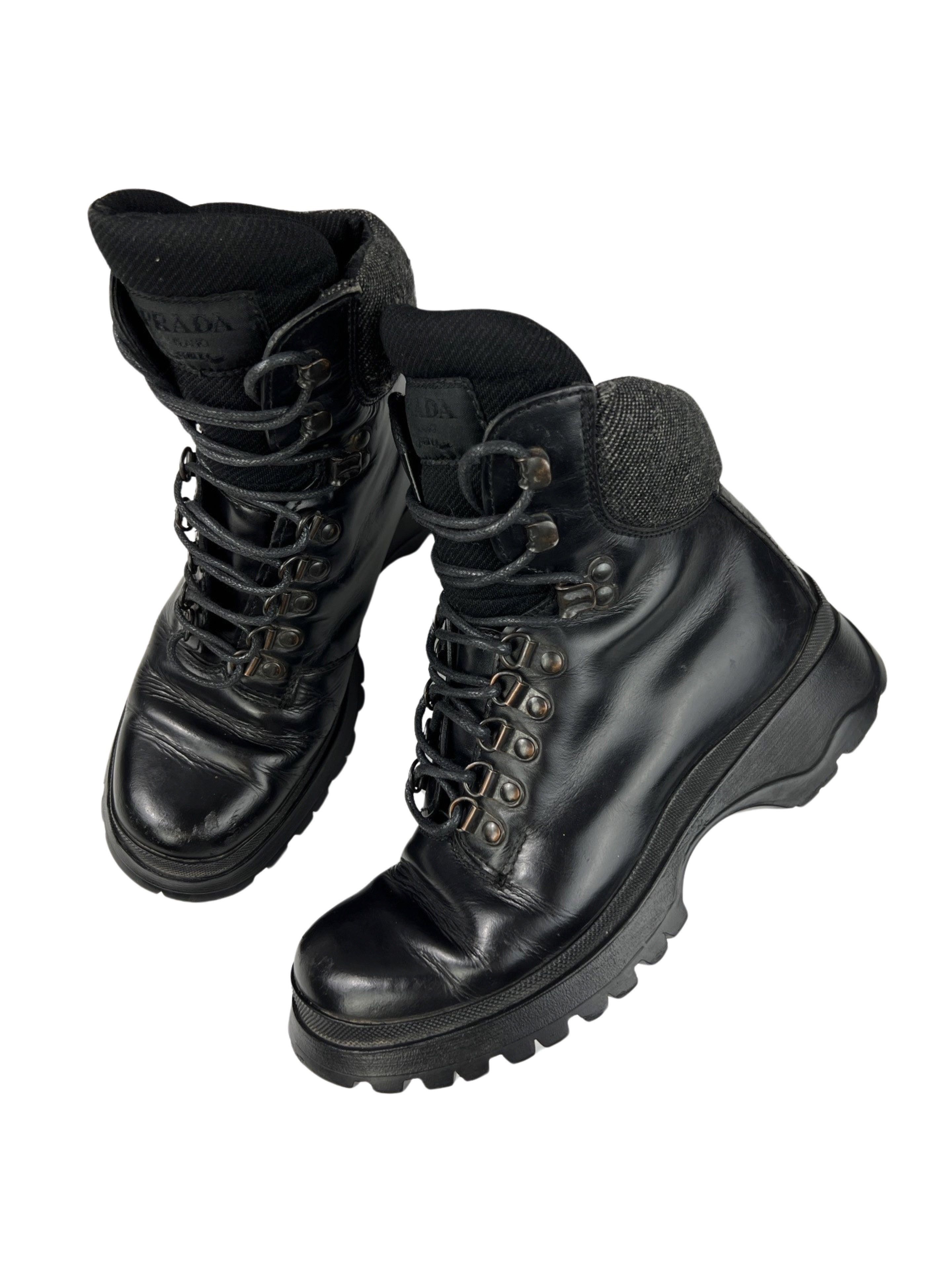 image of Prada Vibram Heavy Combat Ankle Leather Boots in Black, Women's (Size 6)