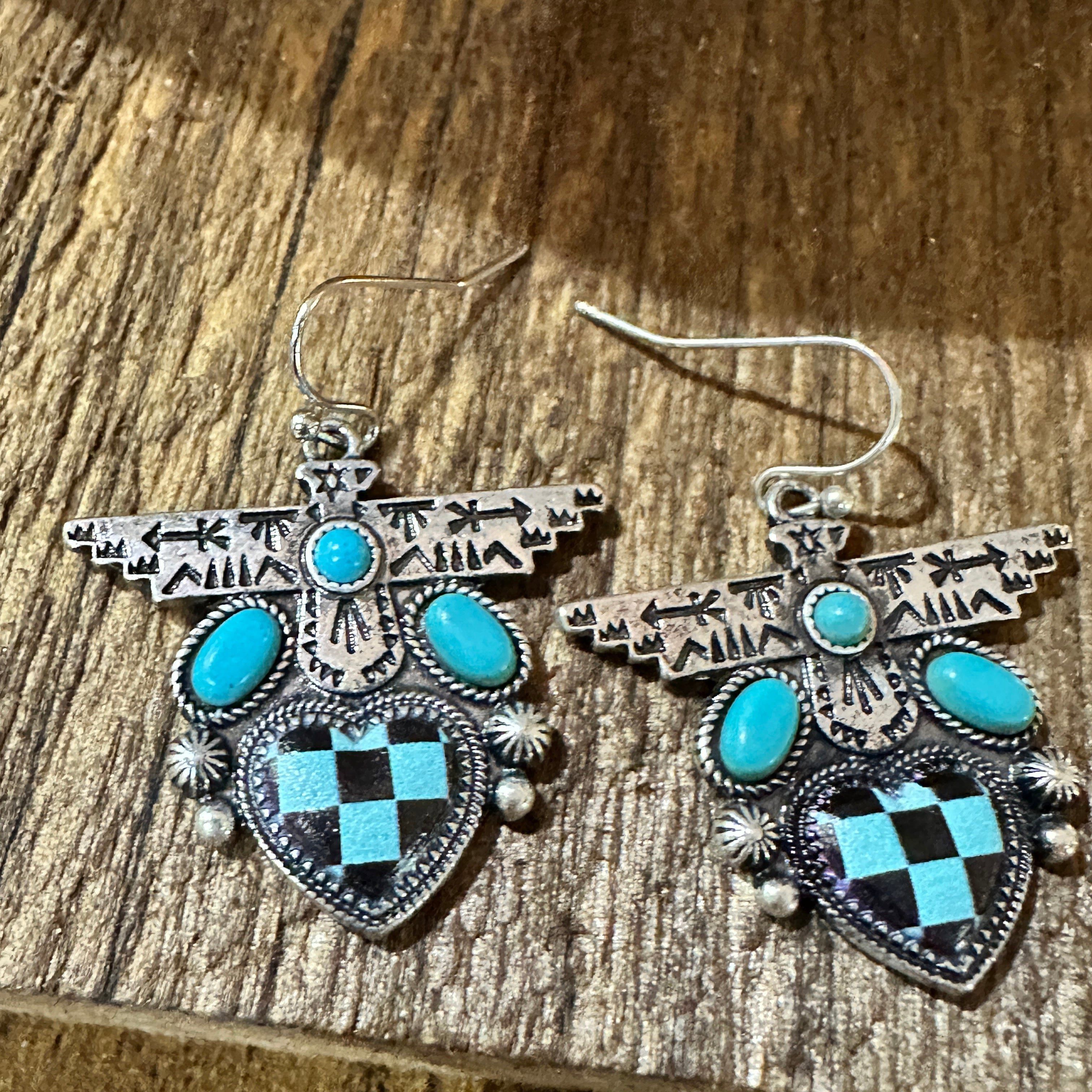 Other Boho Turquoise Thunderbird Earrings, Stylish Checkered Desig Size ONE SIZE - 2 Thumbnail