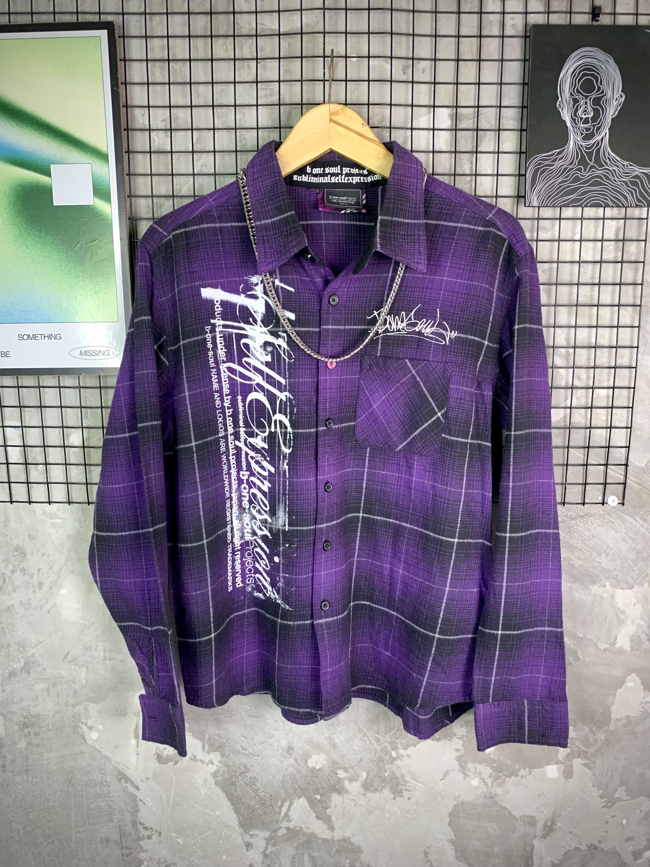 Japanese Brand Y2K B-One-Soul Grunge Purple Plaid Flannel Shirt Poem Print Size US M / EU 48-50 / 2 - 1 Thumbnail