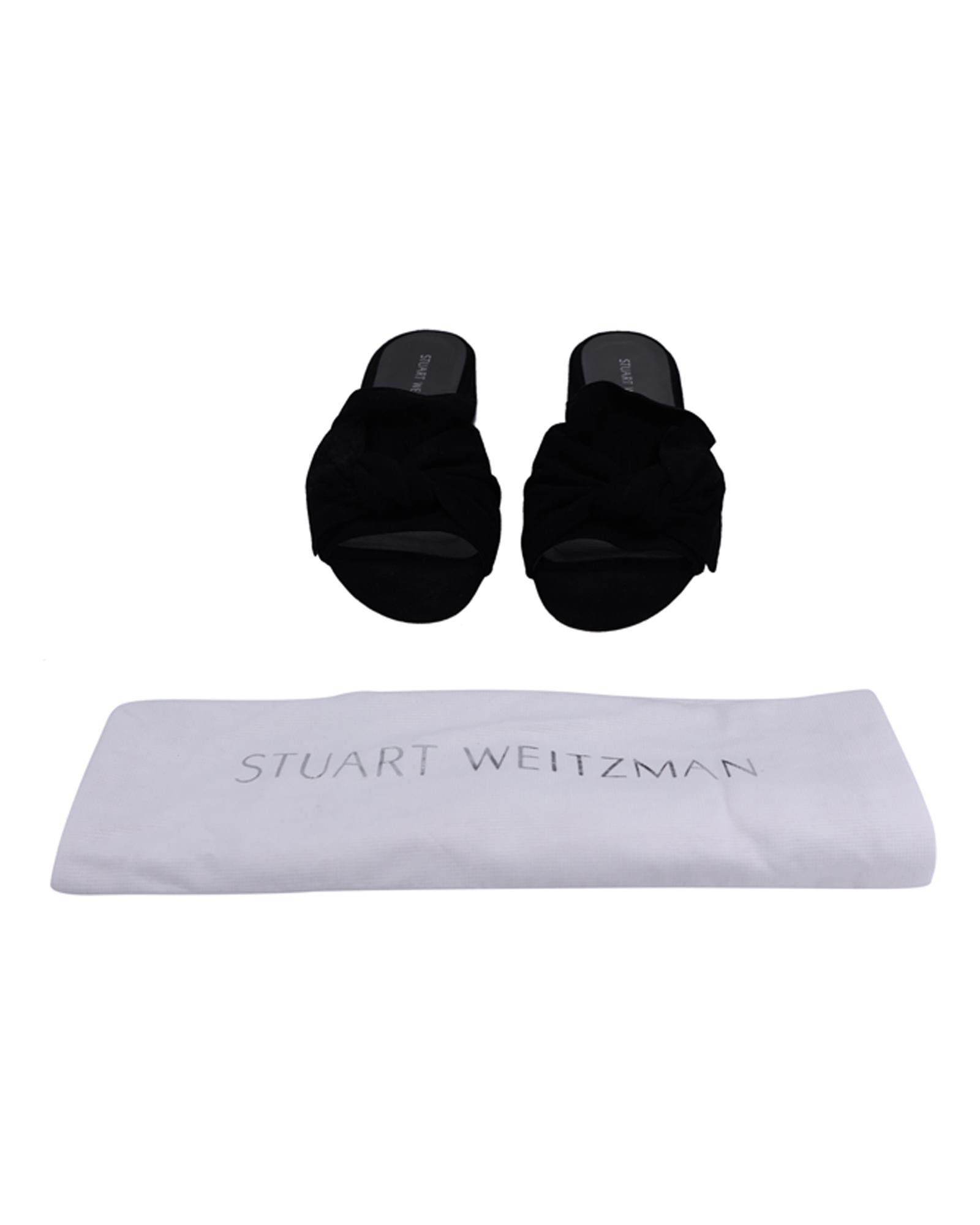 image of Stuart Weitzman Black Suede Bow Block-Heel Shoes Slides, Women's (Size 10)