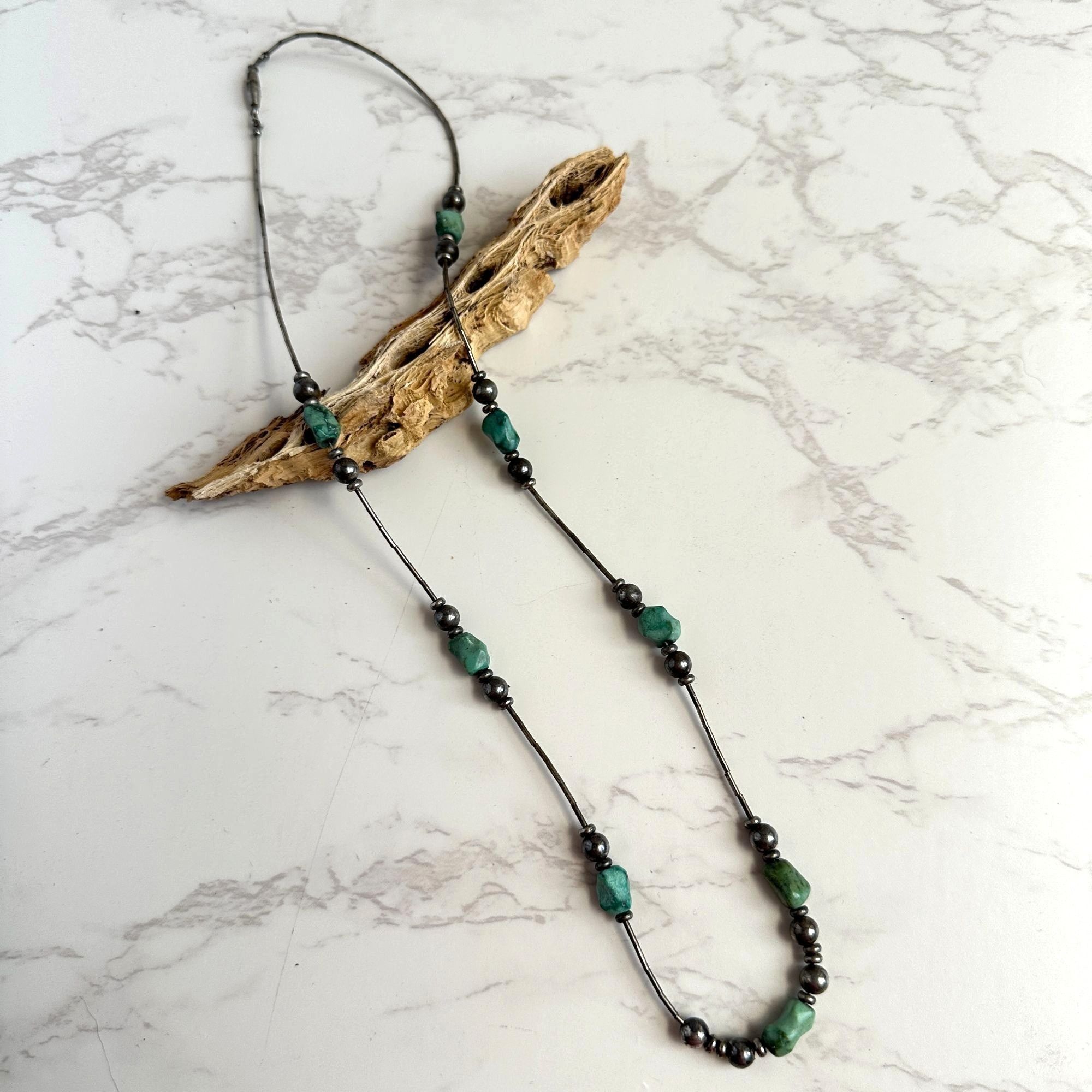 Sterling Silver Vintage Turquoise Nugget Hematite Bead Liquid Silver Necklac Size ONE SIZE - 2 Thumbnail