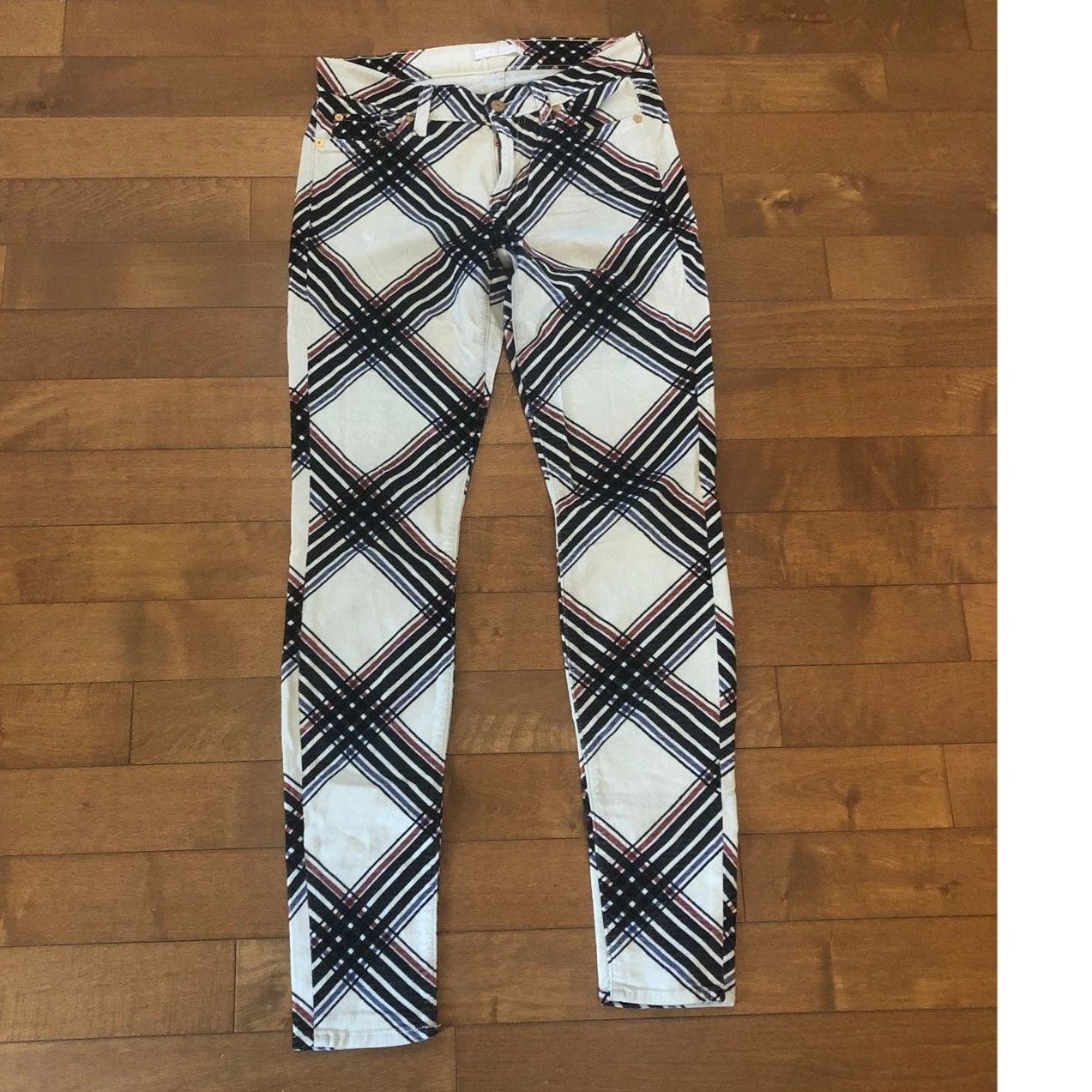 7 For All Mankind 7 for all mankind Skinny Cream Velvet Black Plaid Pants 27 Size 27" / US 4 / IT 40 - 4 Thumbnail